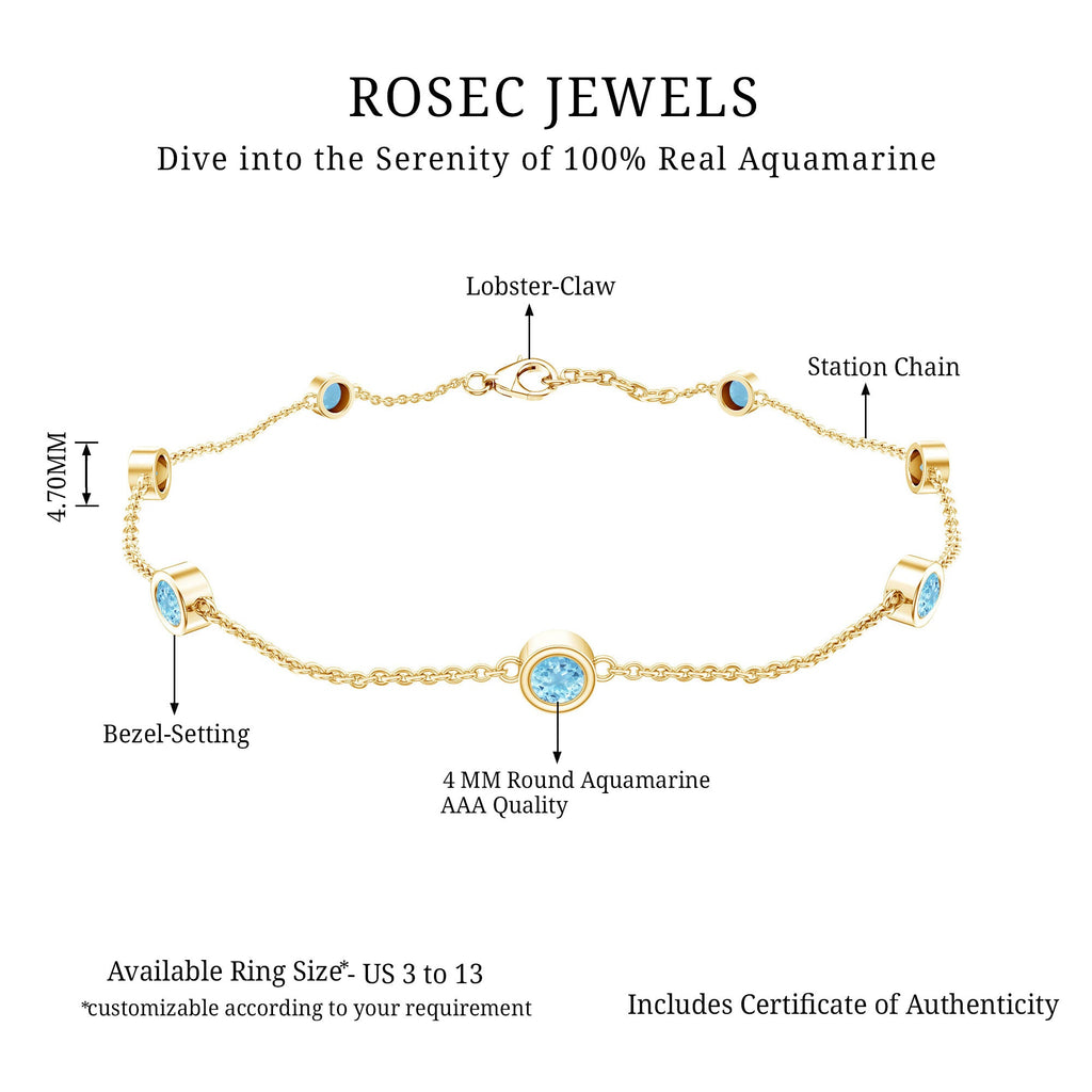 Aquamarine Station Bracelet – Bezel Set Round Cut Blue Stone Chain for Women