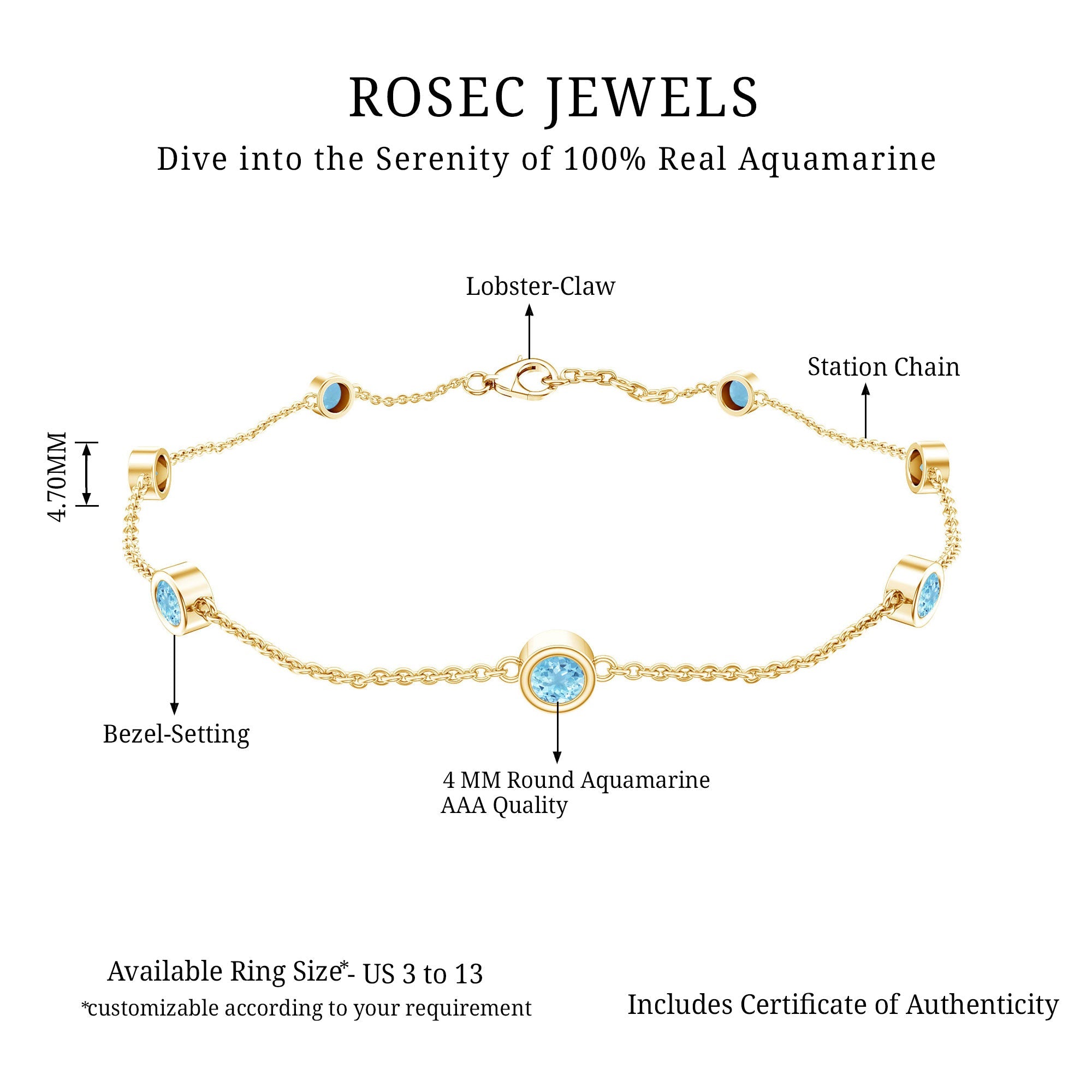 Aquamarine Station Bracelet – Bezel Set Round Cut Blue Stone Chain for Women