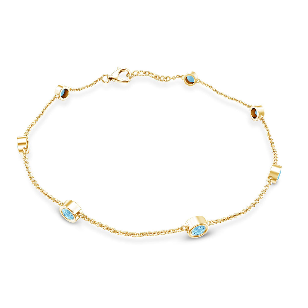 Aquamarine Station Bracelet – Bezel Set Round Cut Blue Stone Chain for Women