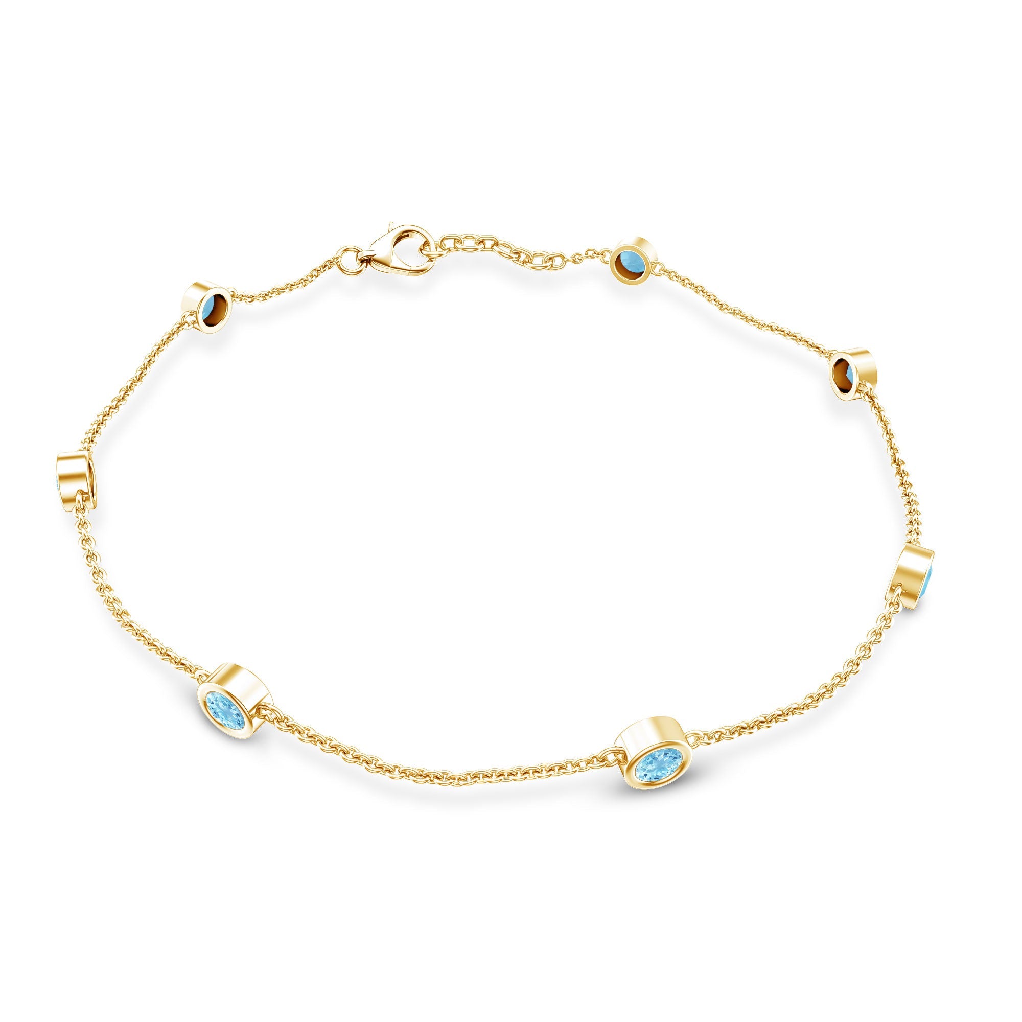 Aquamarine Station Bracelet – Bezel Set Round Cut Blue Stone Chain for Women