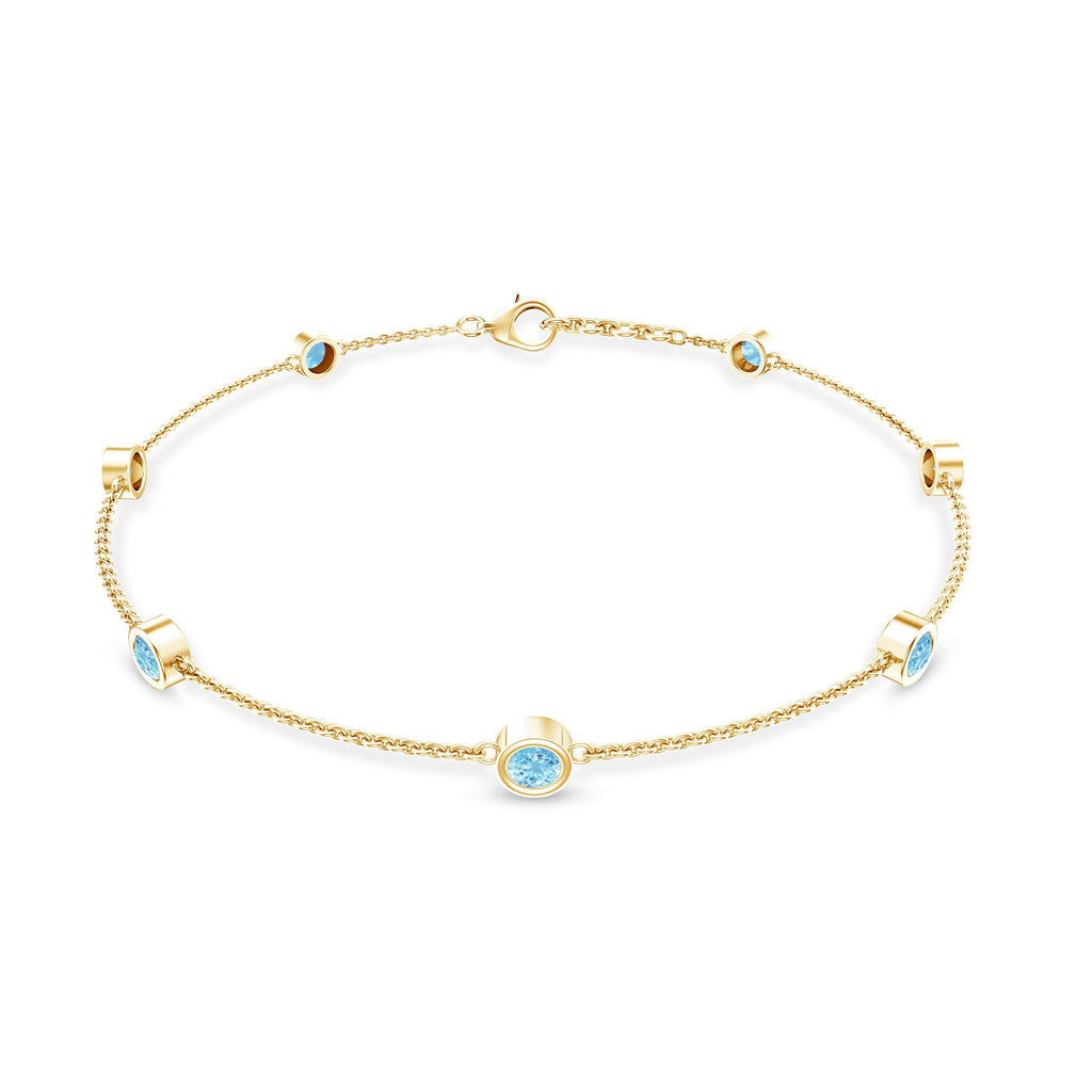 Aquamarine Station Bracelet – Bezel Set Round Cut Blue Stone Chain for Women