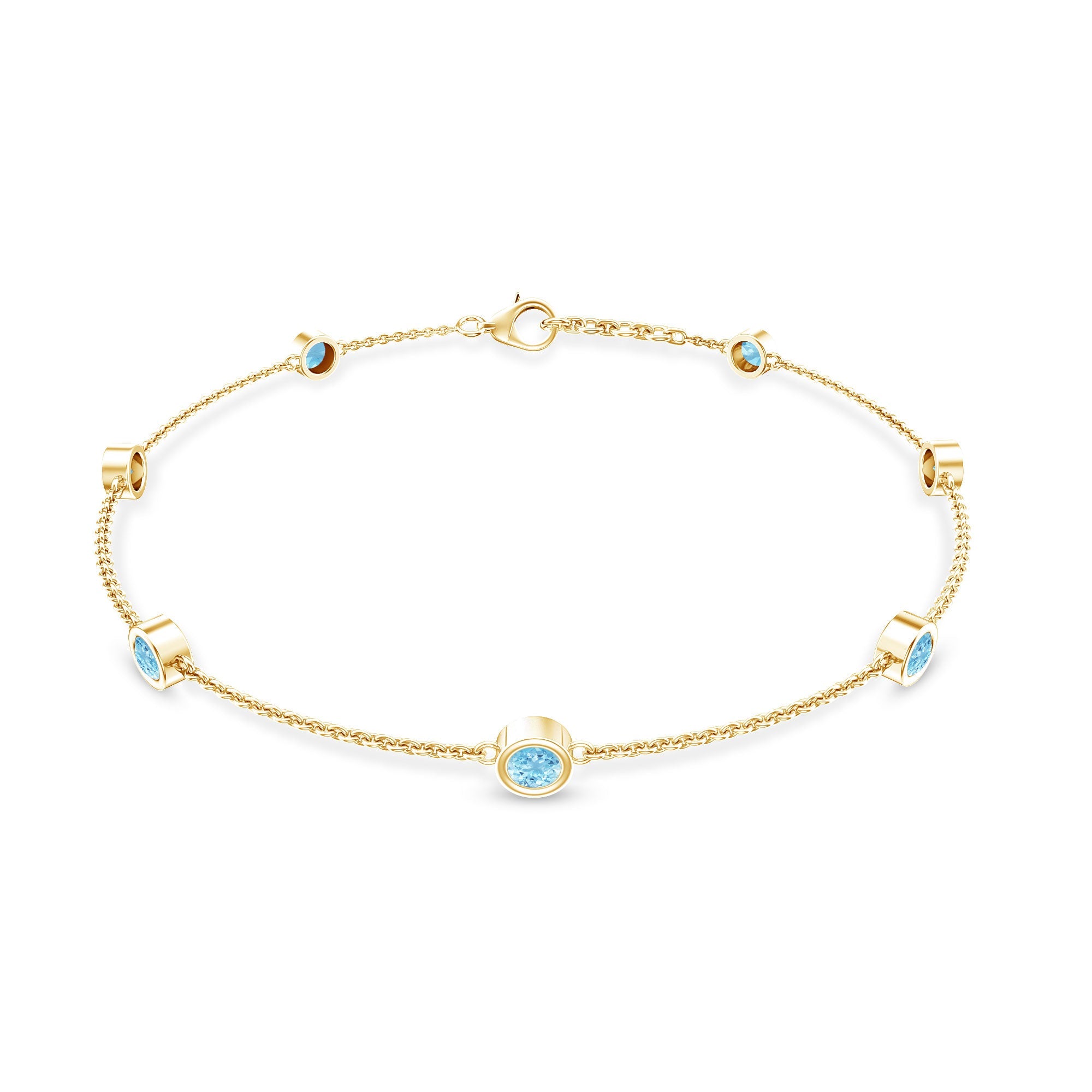Aquamarine Station Bracelet – Bezel Set Round Cut Blue Stone Chain for Women
