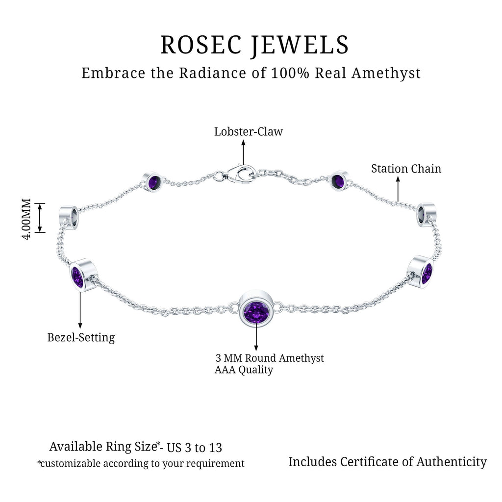 Amethyst Chain Bracelet - 7 Stone Bezel Setting Station Chain Jewelry