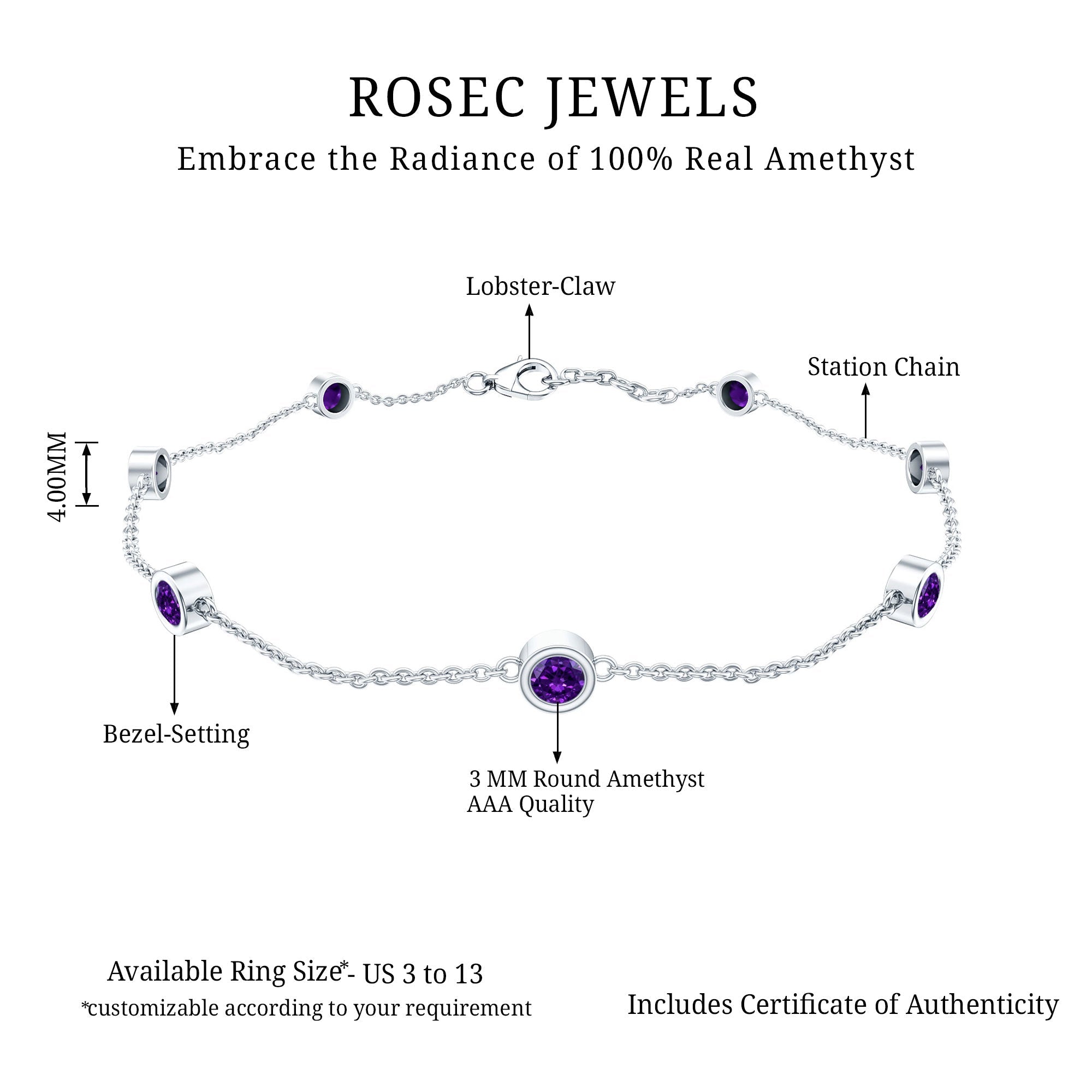 Amethyst Chain Bracelet - 7 Stone Bezel Setting Station Chain Jewelry