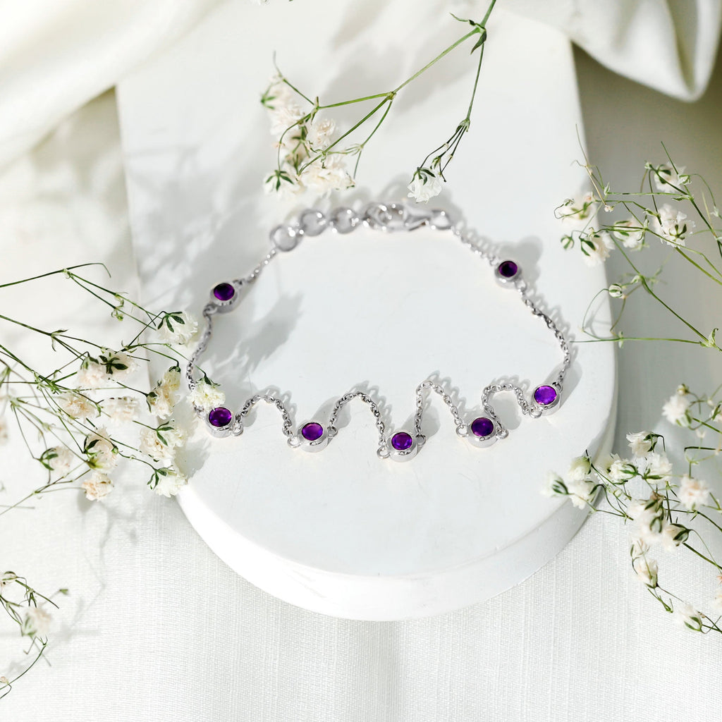 Amethyst Chain Bracelet - 7 Stone Bezel Setting Station Chain Jewelry