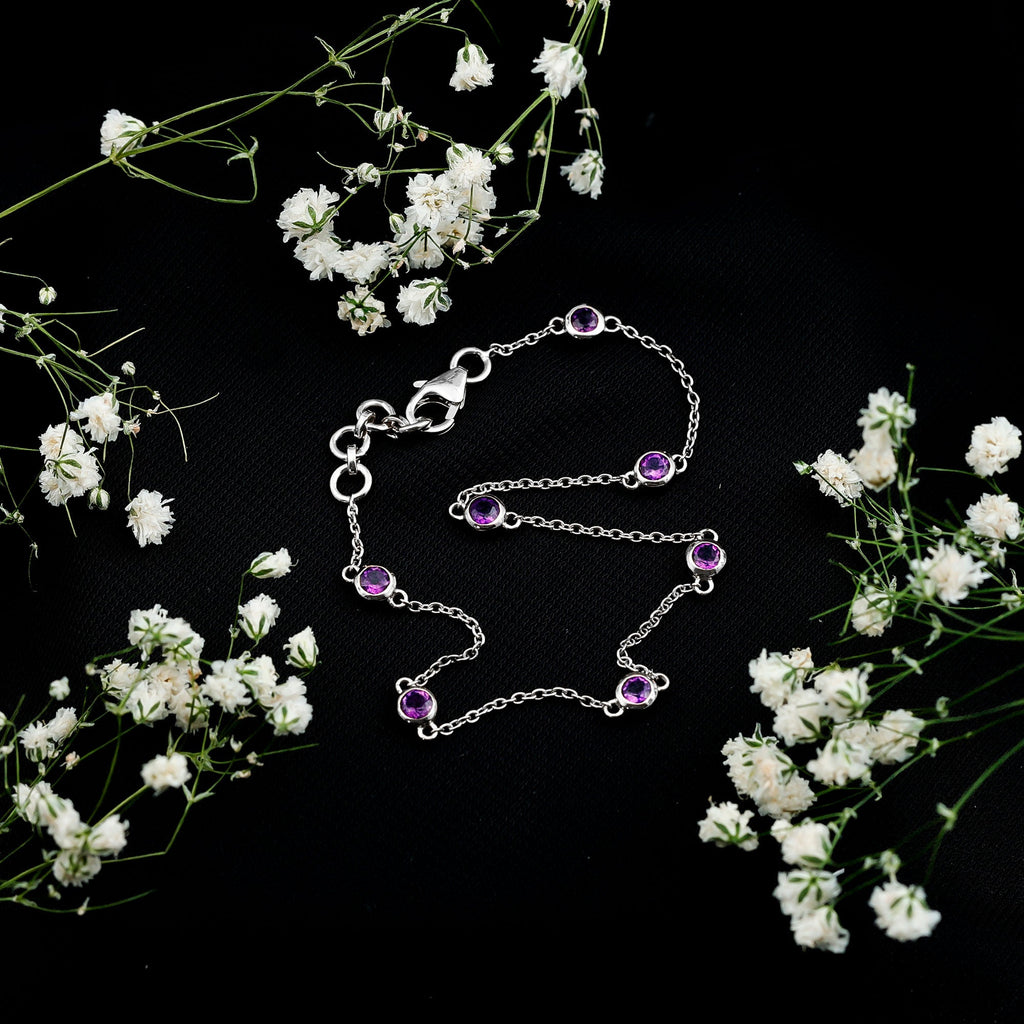 Amethyst Chain Bracelet - 7 Stone Bezel Setting Station Chain Jewelry