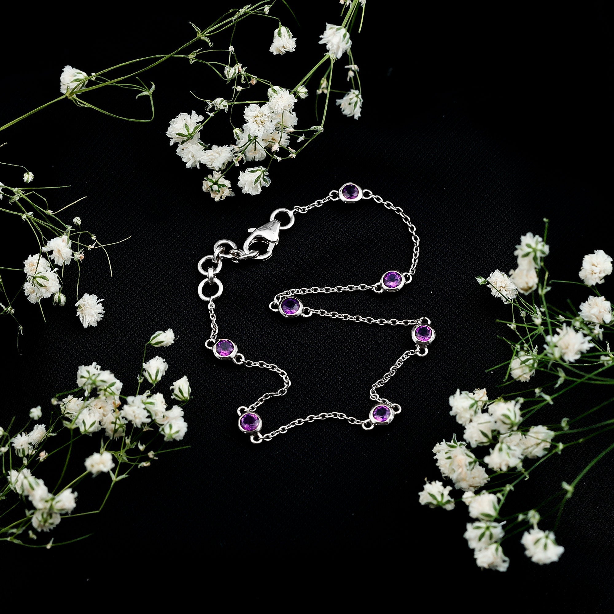 Amethyst Chain Bracelet - 7 Stone Bezel Setting Station Chain Jewelry