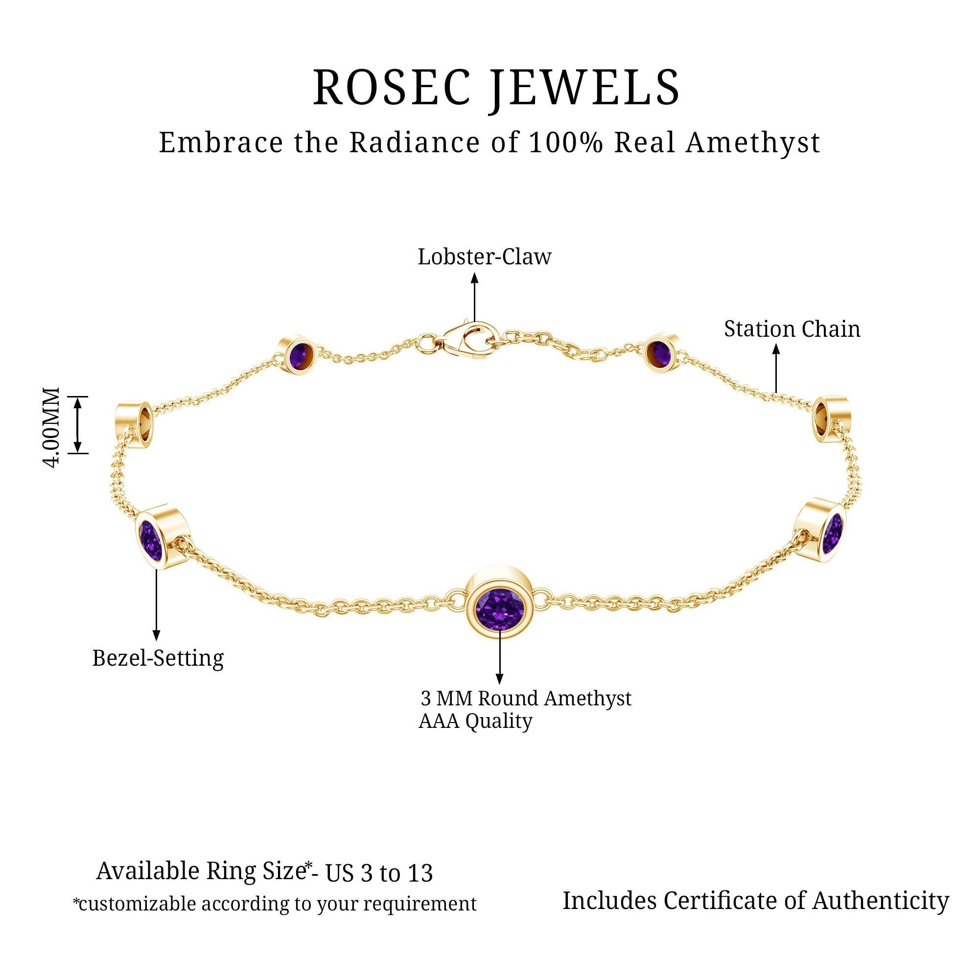 Amethyst Chain Bracelet - 7 Stone Bezel Setting Station Chain Jewelry