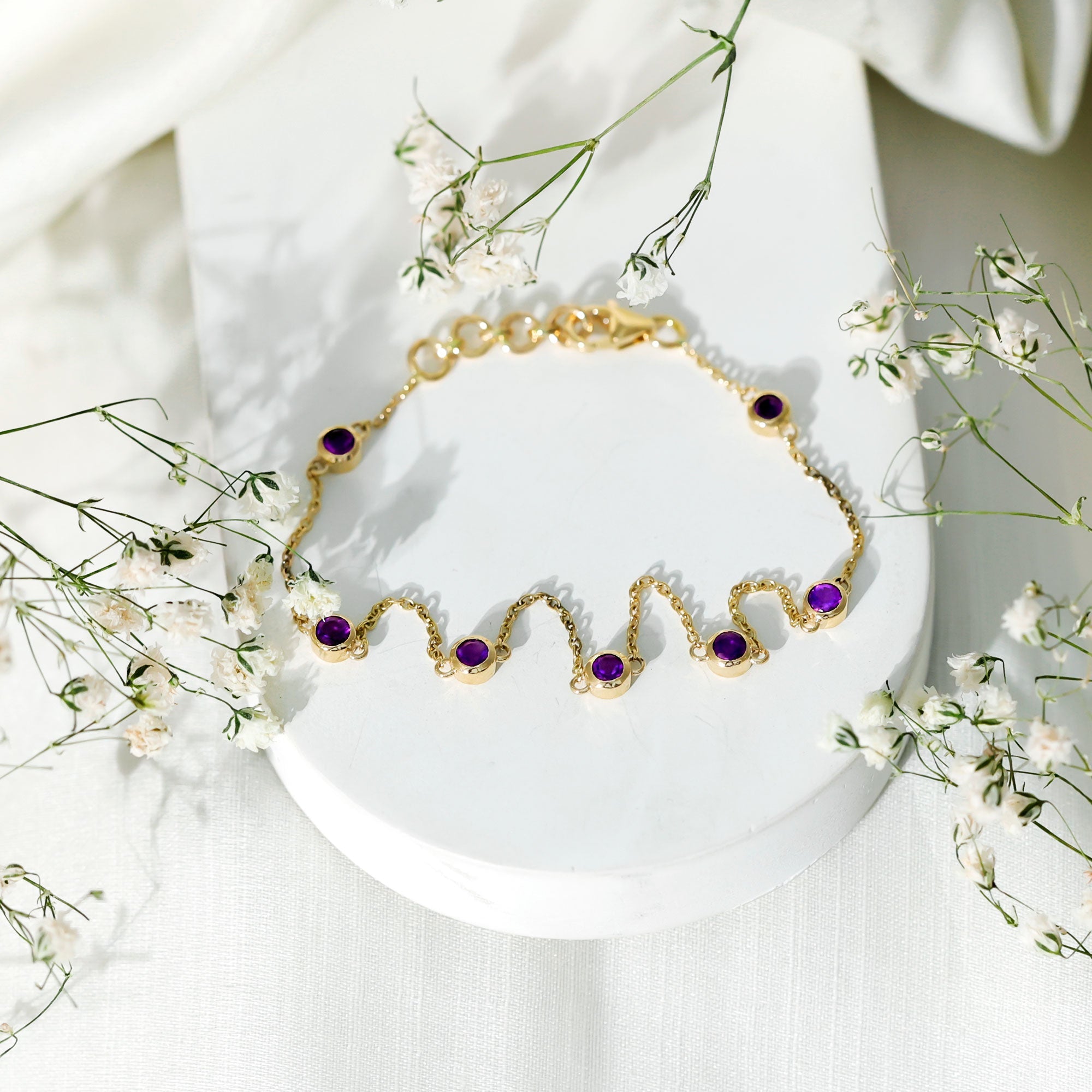 Amethyst Chain Bracelet - 7 Stone Bezel Setting Station Chain Jewelry