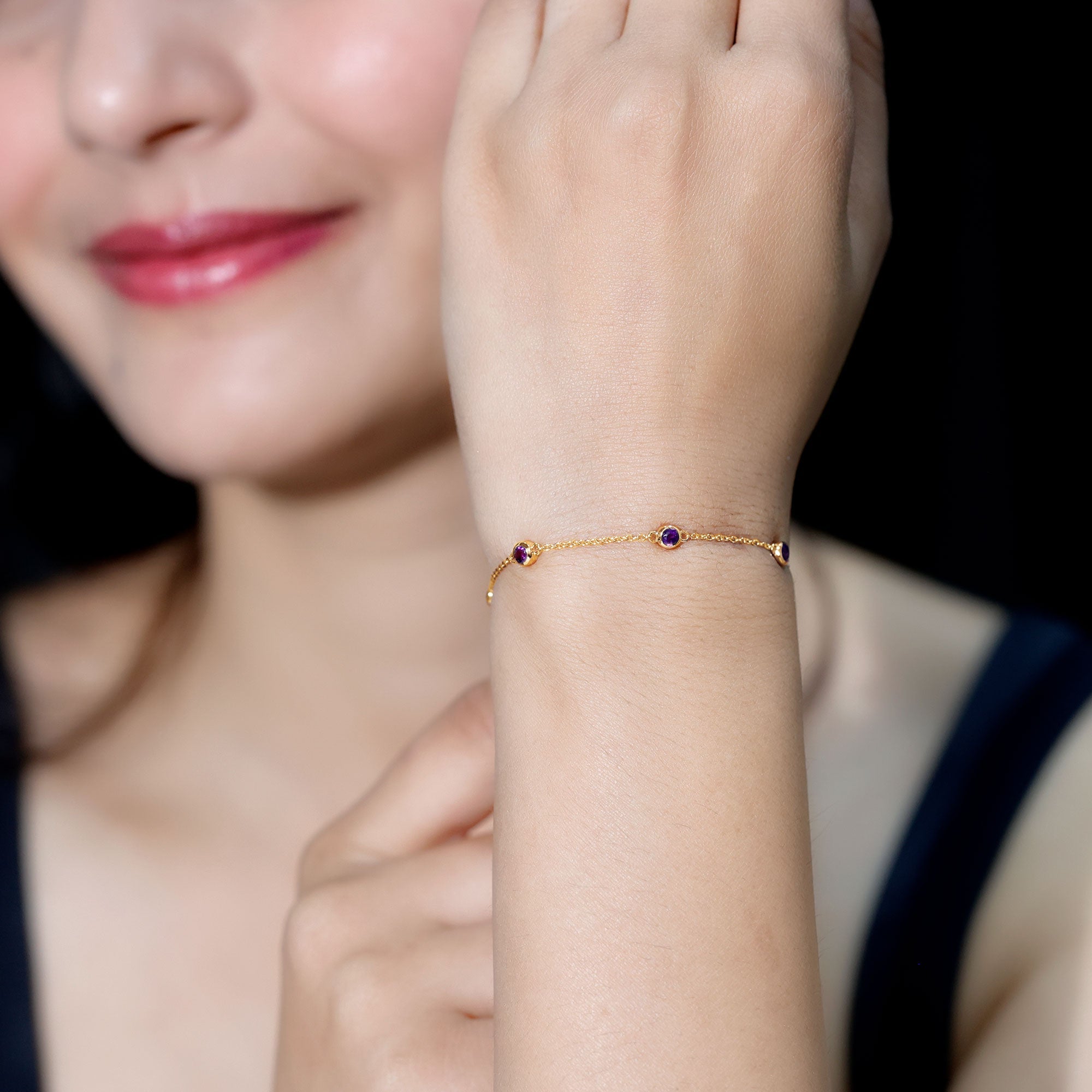 Amethyst Chain Bracelet - 7 Stone Bezel Setting Station Chain Jewelry