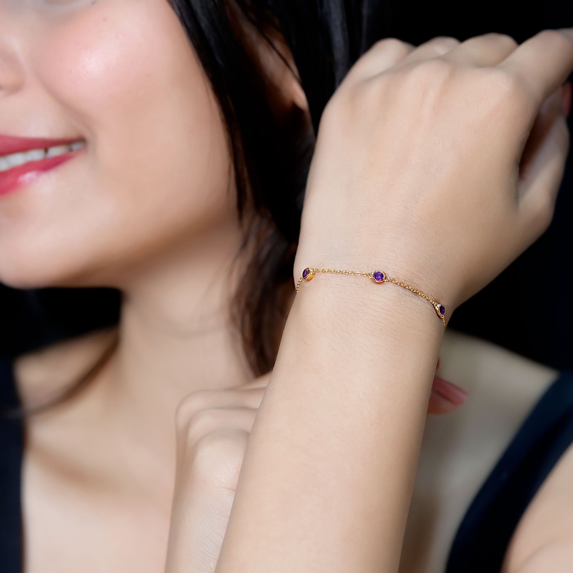 Amethyst Chain Bracelet - 7 Stone Bezel Setting Station Chain Jewelry