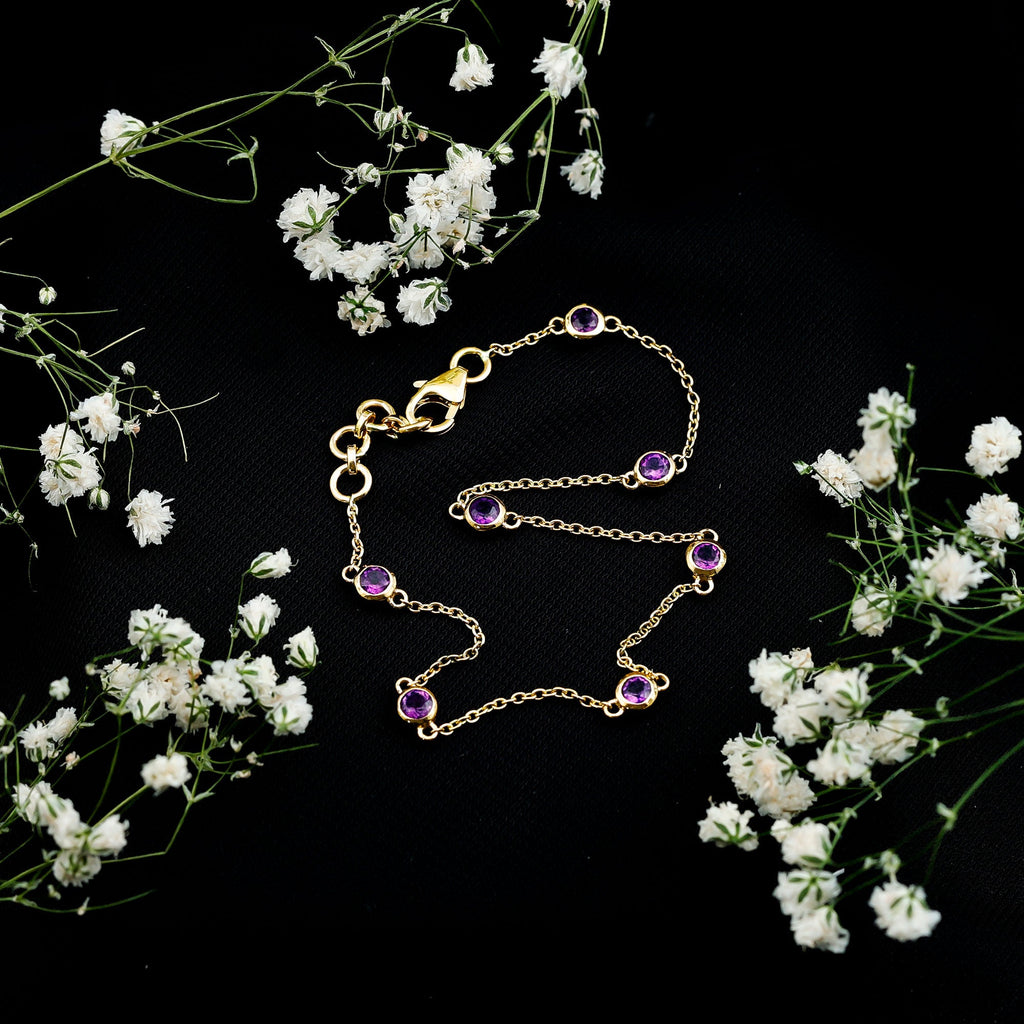 Amethyst Chain Bracelet - 7 Stone Bezel Setting Station Chain Jewelry