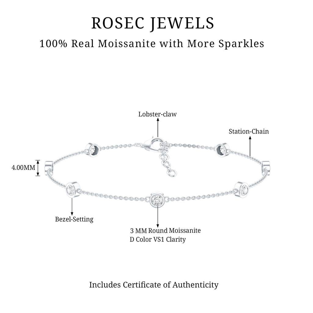 Moissanite Station Bracelet – Bezel Set Seven Stone Silver Jewelry with Adjustable Chain