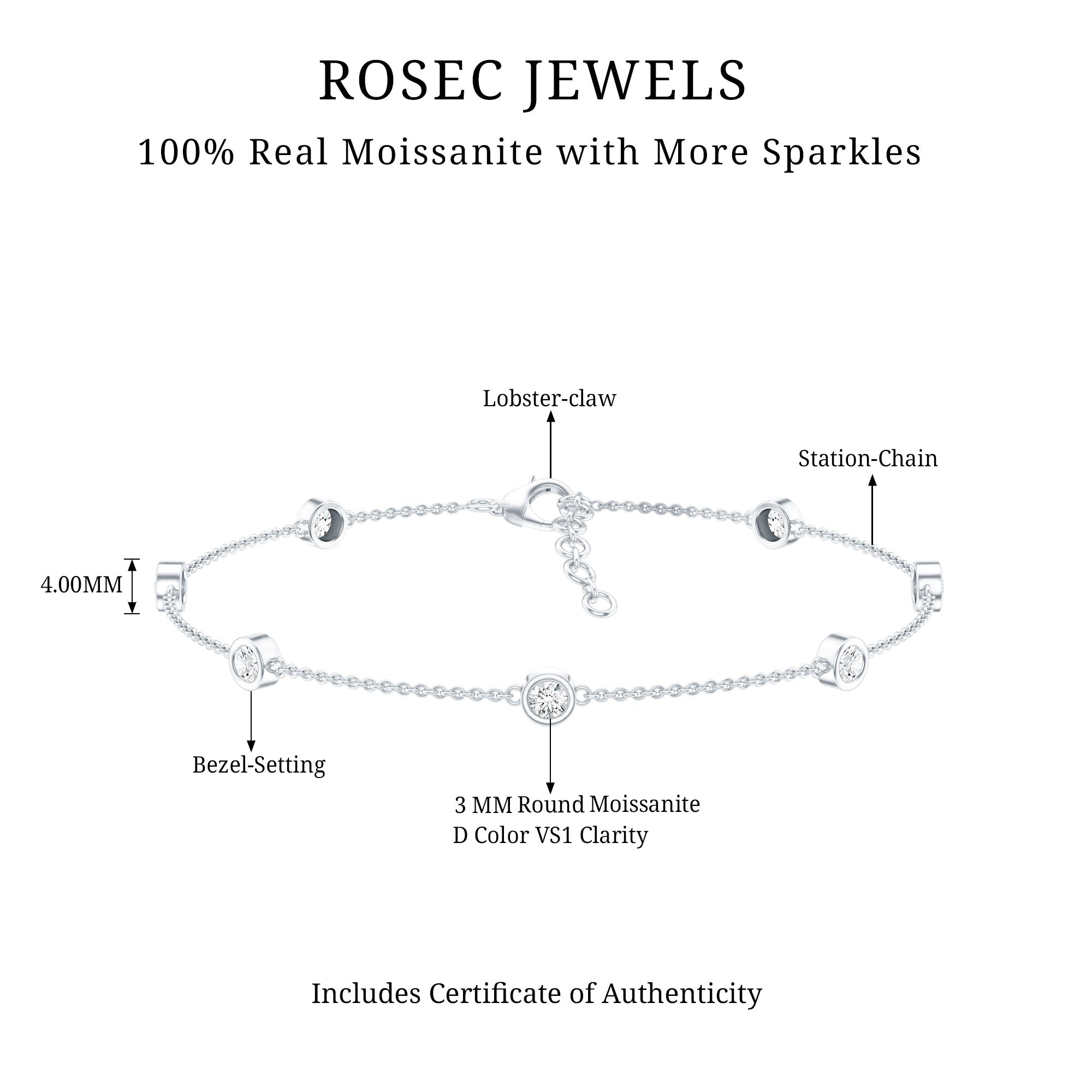 Moissanite Station Bracelet – Bezel Set Seven Stone Silver Jewelry with Adjustable Chain