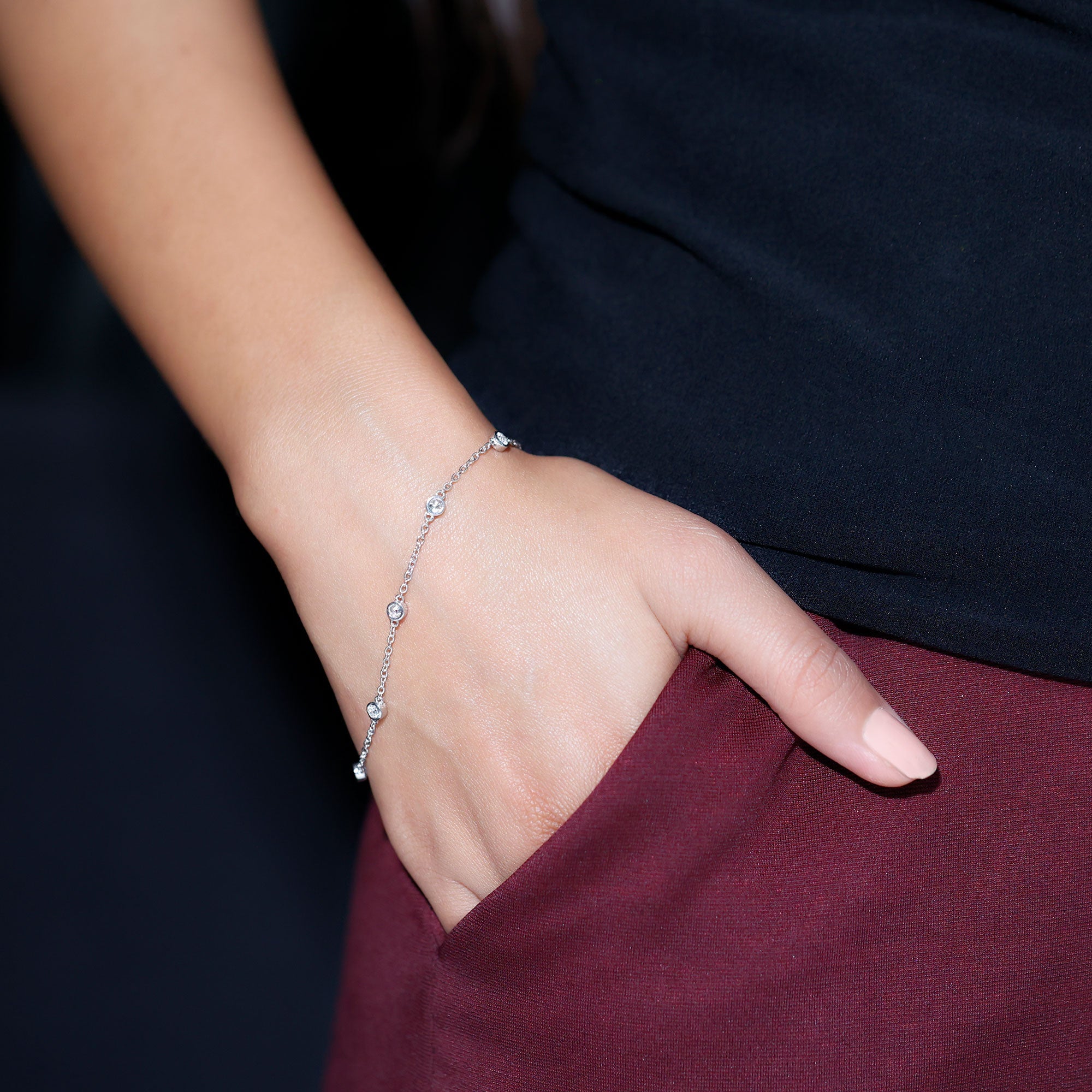 Moissanite Station Bracelet – Bezel Set Seven Stone Silver Jewelry with Adjustable Chain