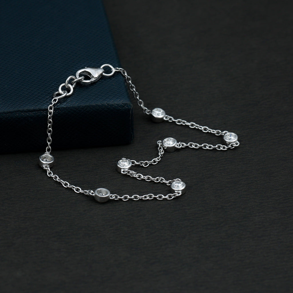 Moissanite Station Bracelet – Bezel Set Seven Stone Silver Jewelry with Adjustable Chain