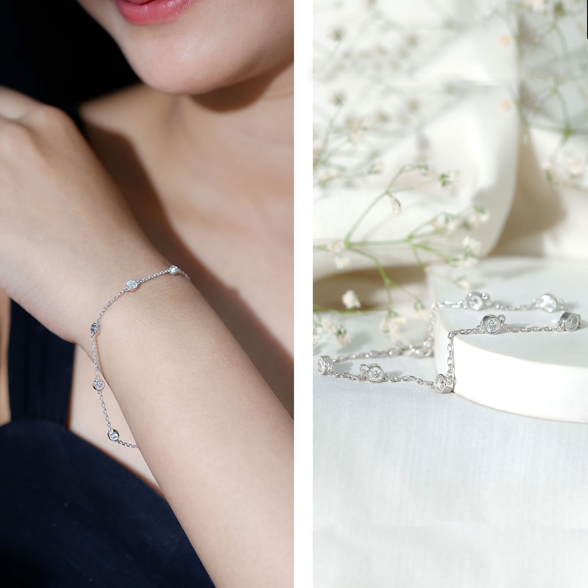 Moissanite Station Bracelet – Bezel Set Seven Stone Silver Jewelry with Adjustable Chain