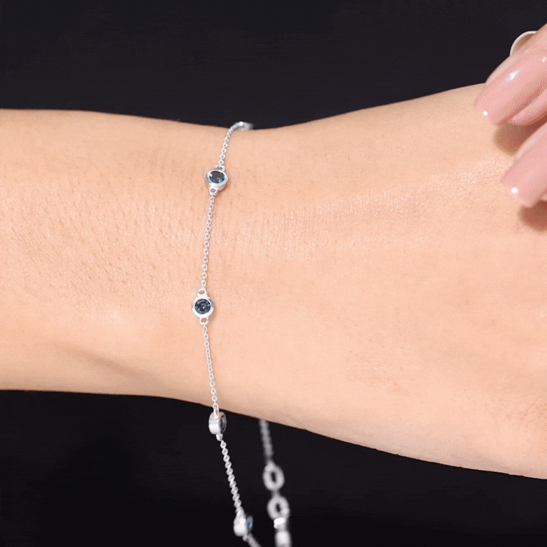 London Blue Topaz Bracelet – Bezel Set 7 Stone Station Chain, AAA Quality
