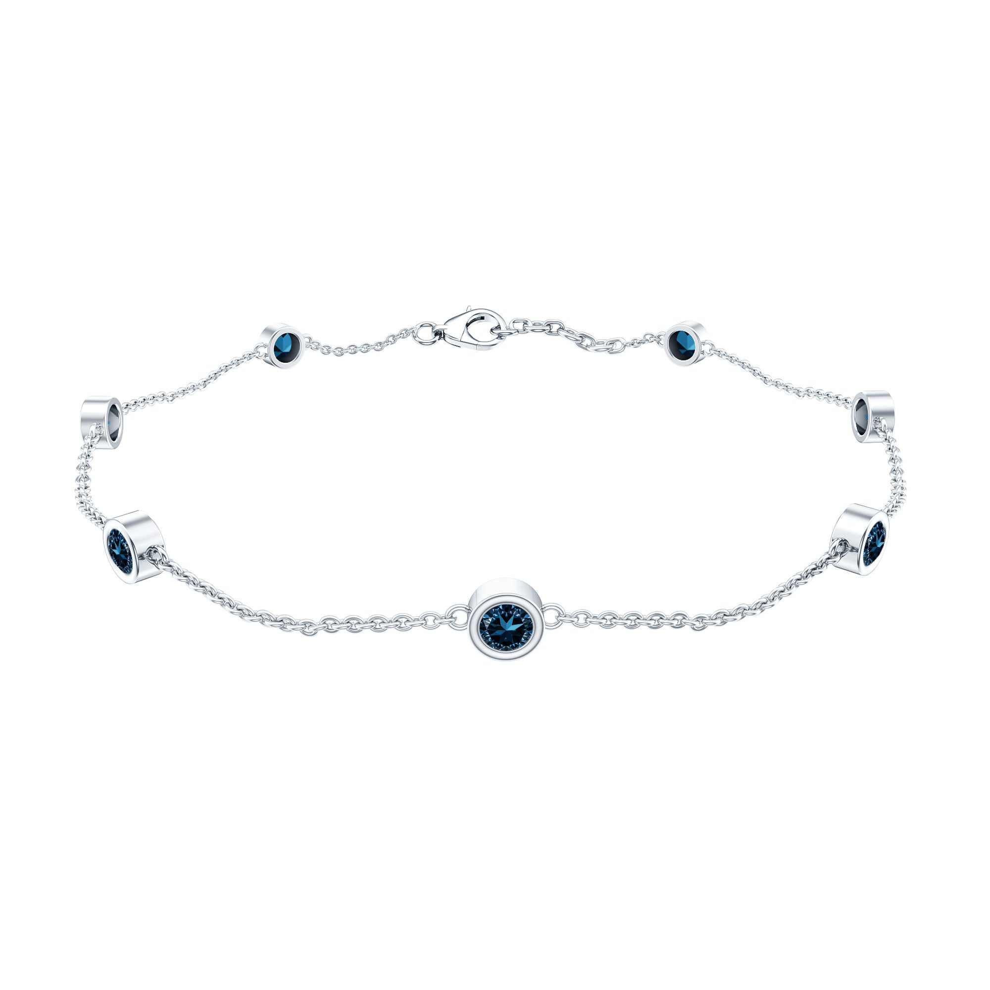 London Blue Topaz Bracelet – Bezel Set 7 Stone Station Chain, AAA Quality