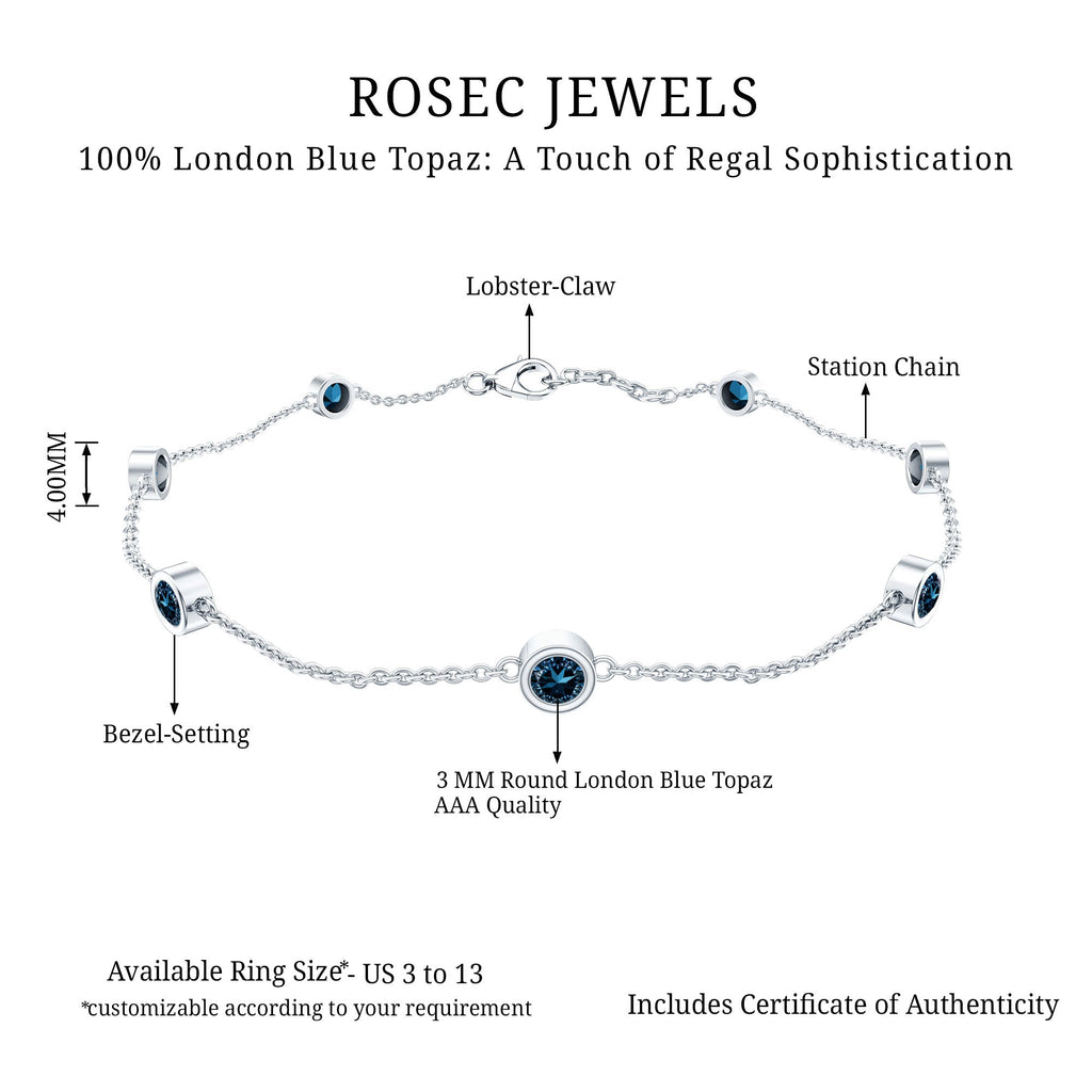 London Blue Topaz Bracelet – Bezel Set 7 Stone Station Chain, AAA Quality