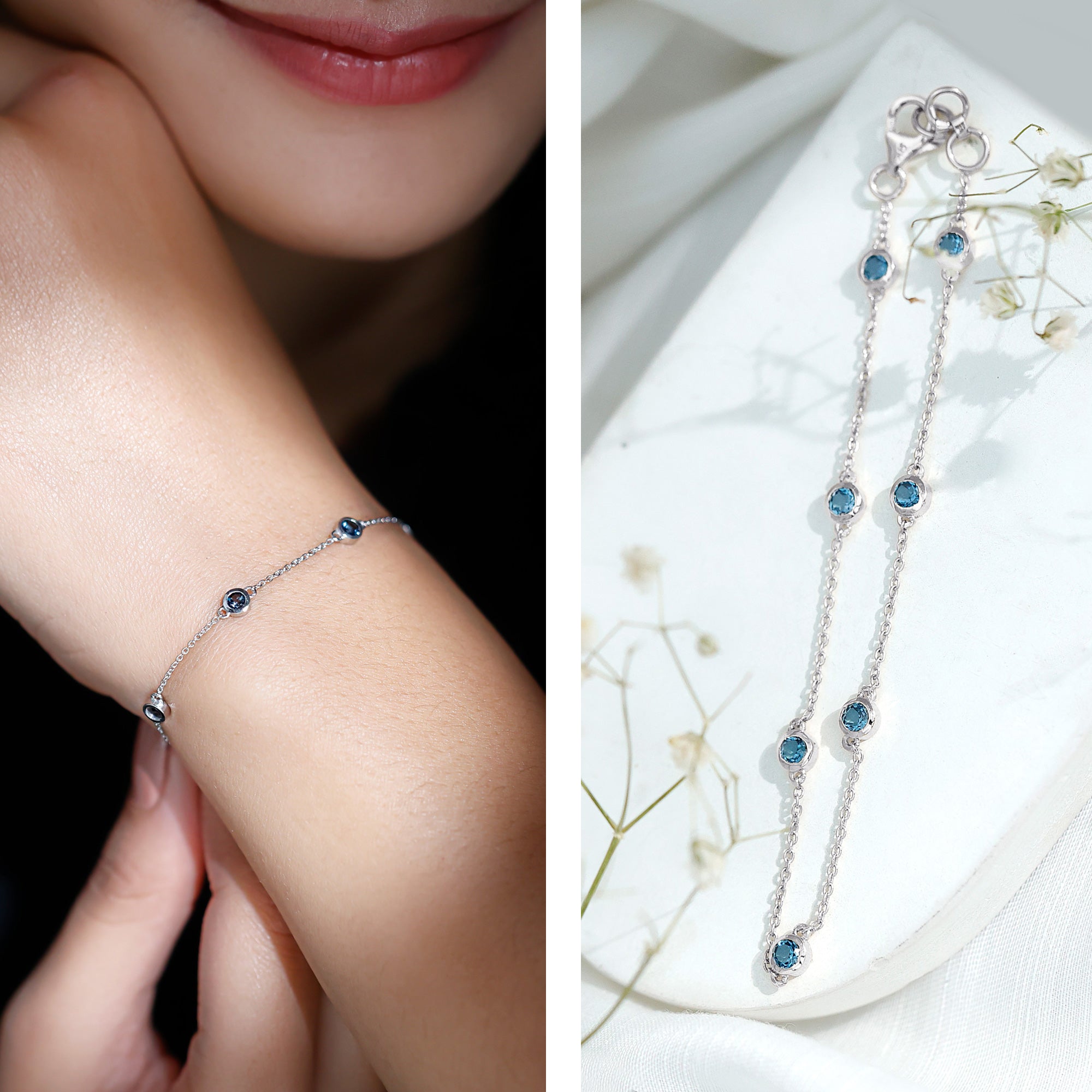 London Blue Topaz Bracelet – Bezel Set 7 Stone Station Chain, AAA Quality