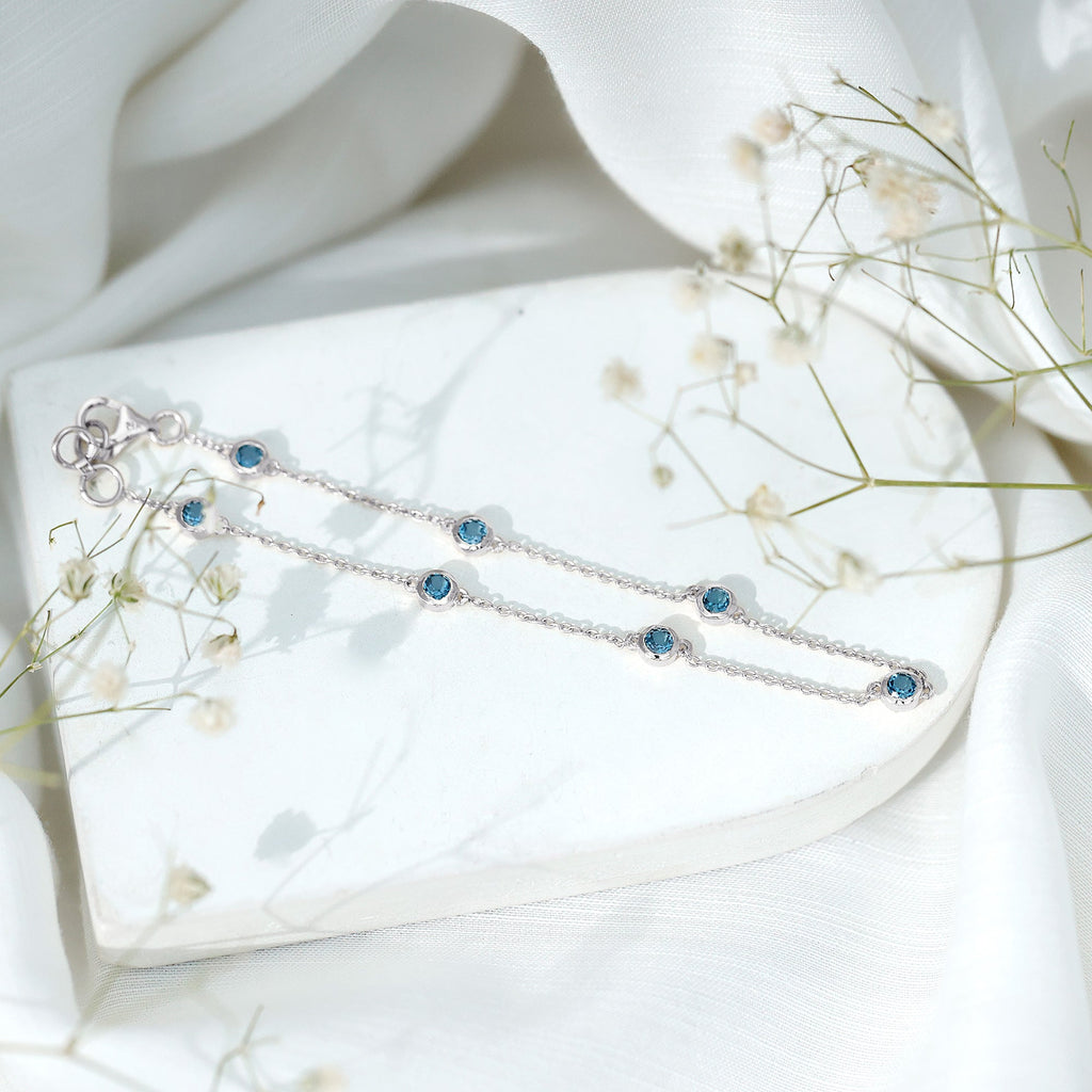London Blue Topaz Bracelet – Bezel Set 7 Stone Station Chain, AAA Quality