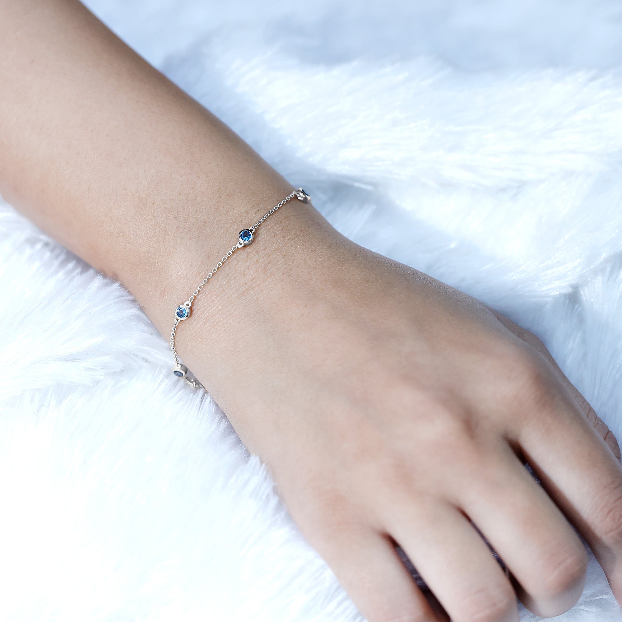 London Blue Topaz Bracelet – Bezel Set 7 Stone Station Chain, AAA Quality