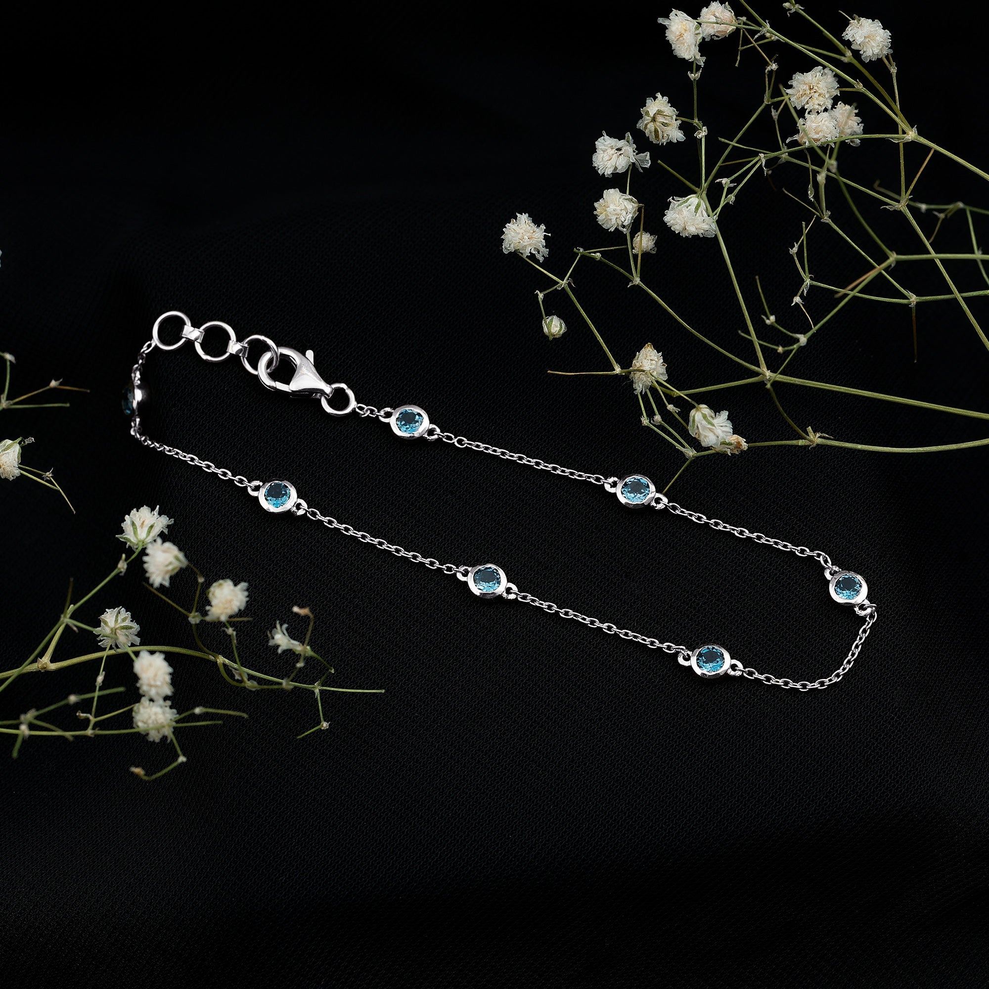 London Blue Topaz Bracelet – Bezel Set 7 Stone Station Chain, AAA Quality