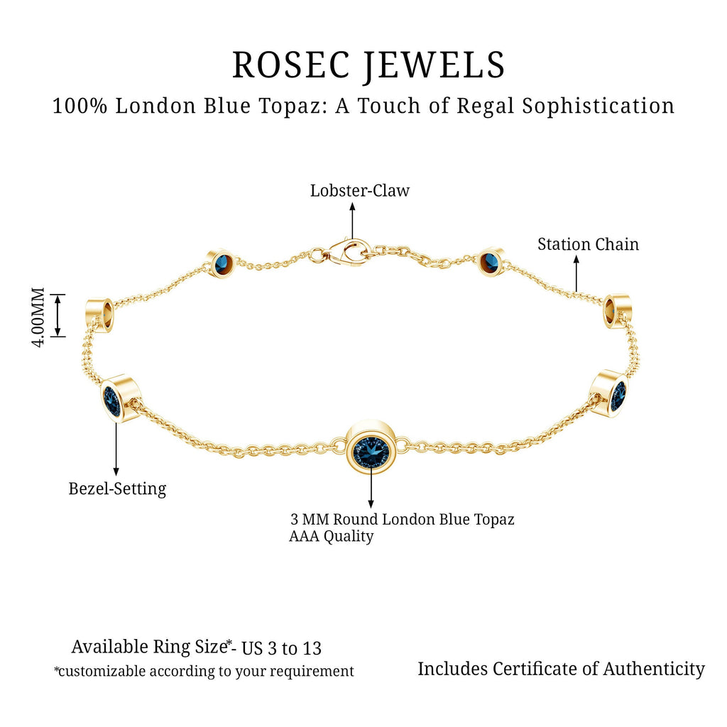 London Blue Topaz Bracelet – Bezel Set 7 Stone Station Chain, AAA Quality