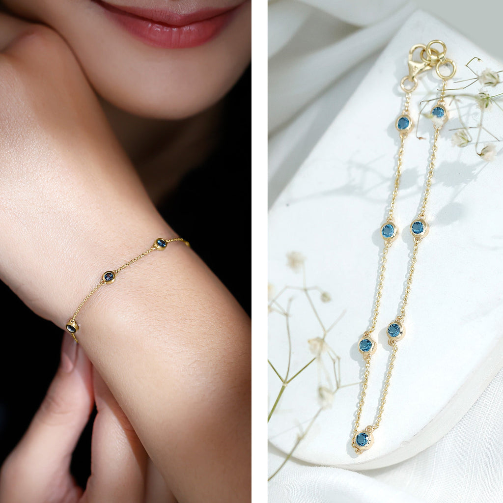 London Blue Topaz Bracelet – Bezel Set 7 Stone Station Chain, AAA Quality