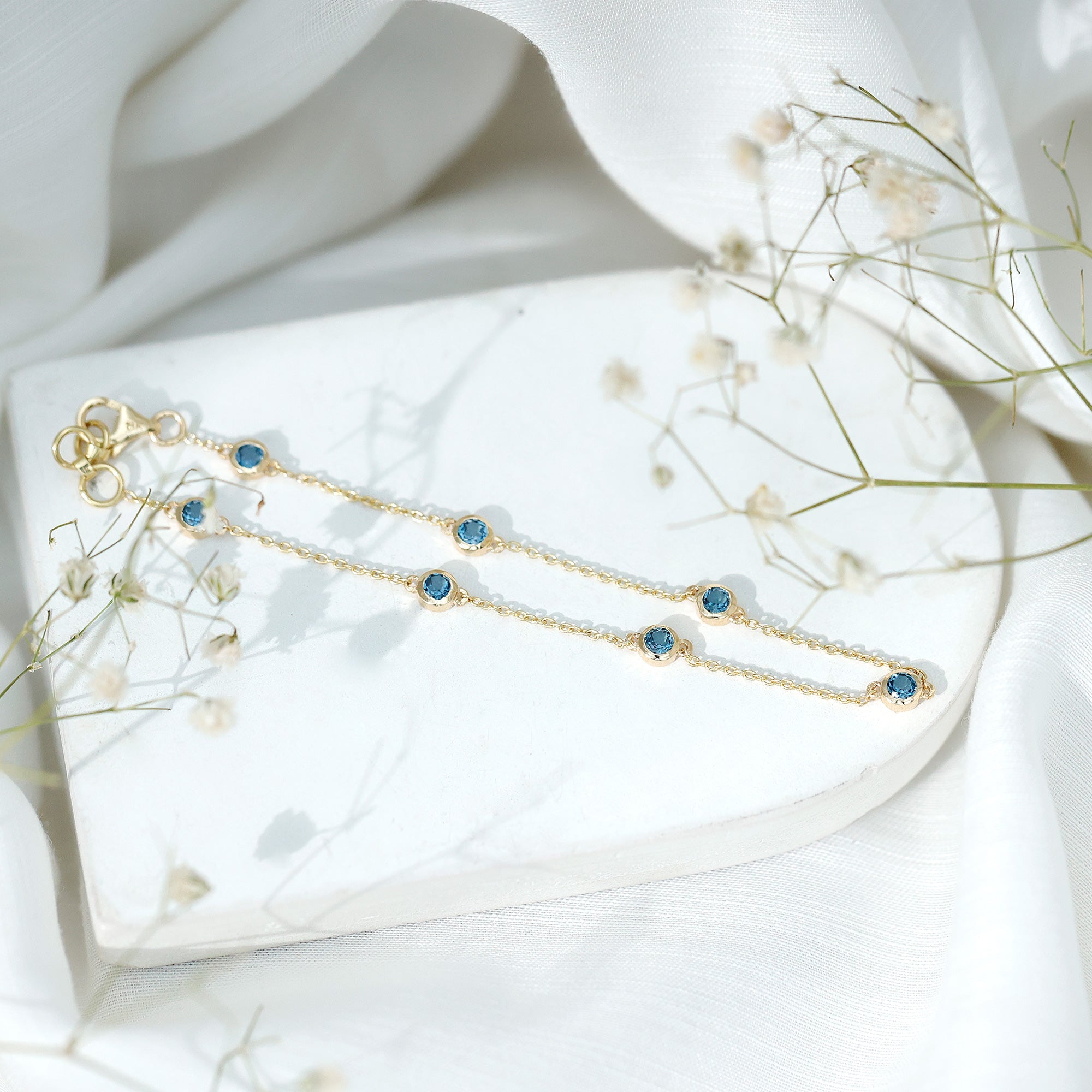 London Blue Topaz Bracelet – Bezel Set 7 Stone Station Chain, AAA Quality