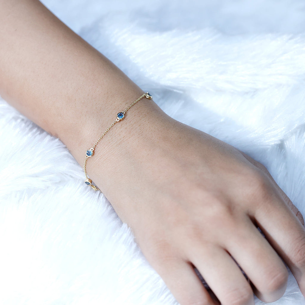 London Blue Topaz Bracelet – Bezel Set 7 Stone Station Chain, AAA Quality