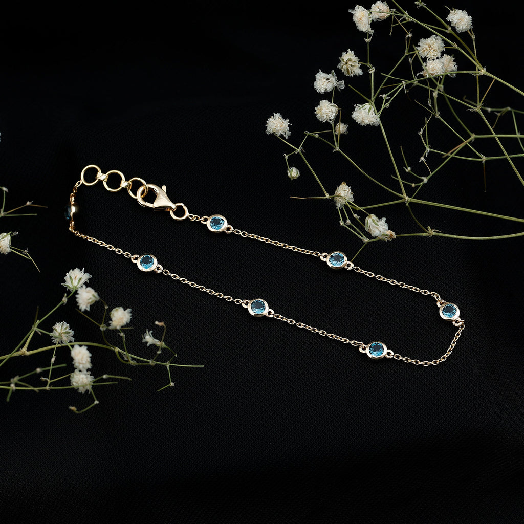 London Blue Topaz Bracelet – Bezel Set 7 Stone Station Chain, AAA Quality