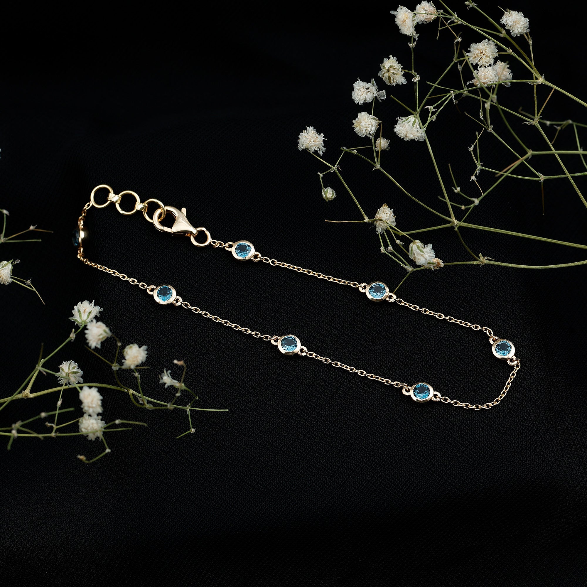 London Blue Topaz Bracelet – Bezel Set 7 Stone Station Chain, AAA Quality