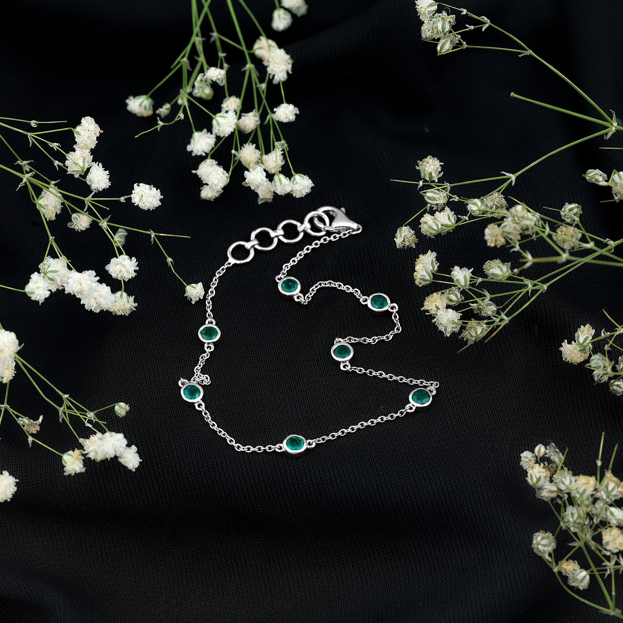 Emerald Station Bracelet – Bezel Set Green Gemstone Chain Jewelry with Lobster Clasp