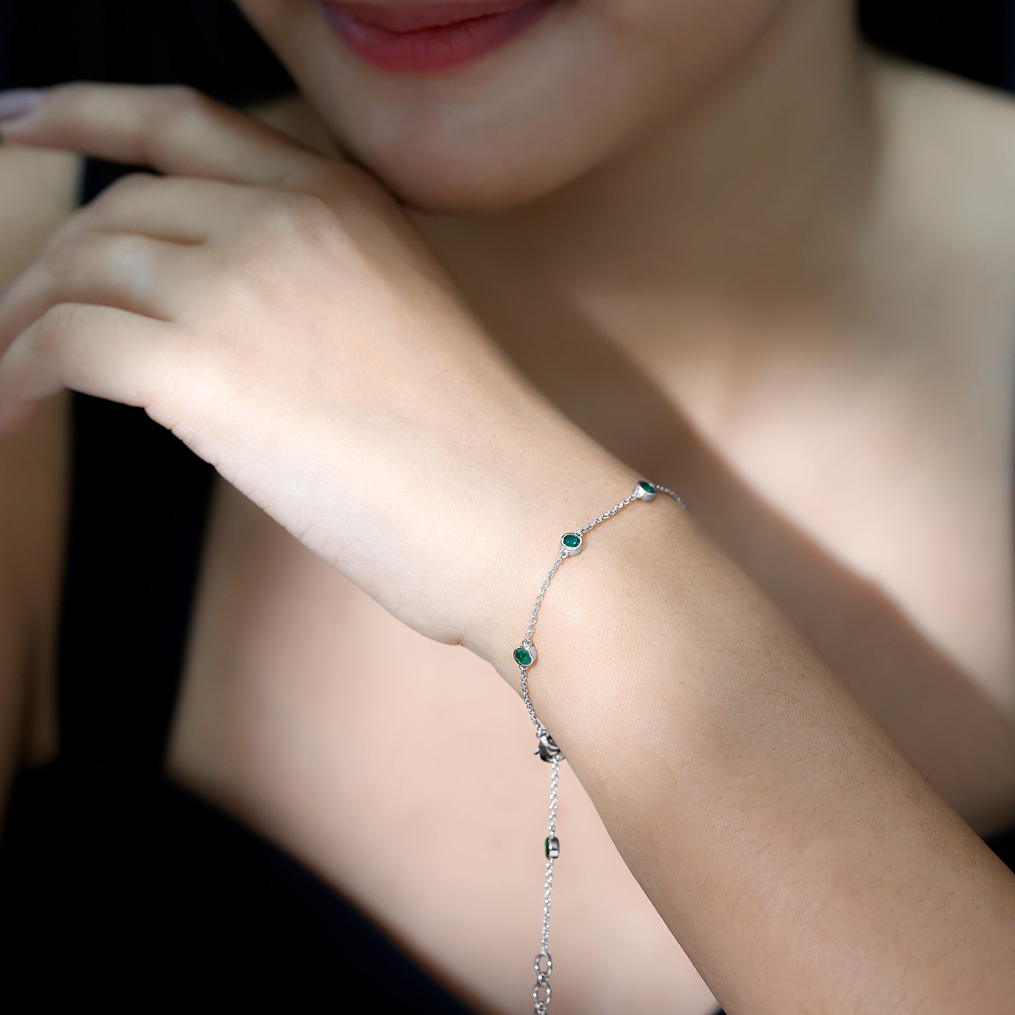 Emerald Station Bracelet – Bezel Set Green Gemstone Chain Jewelry with Lobster Clasp