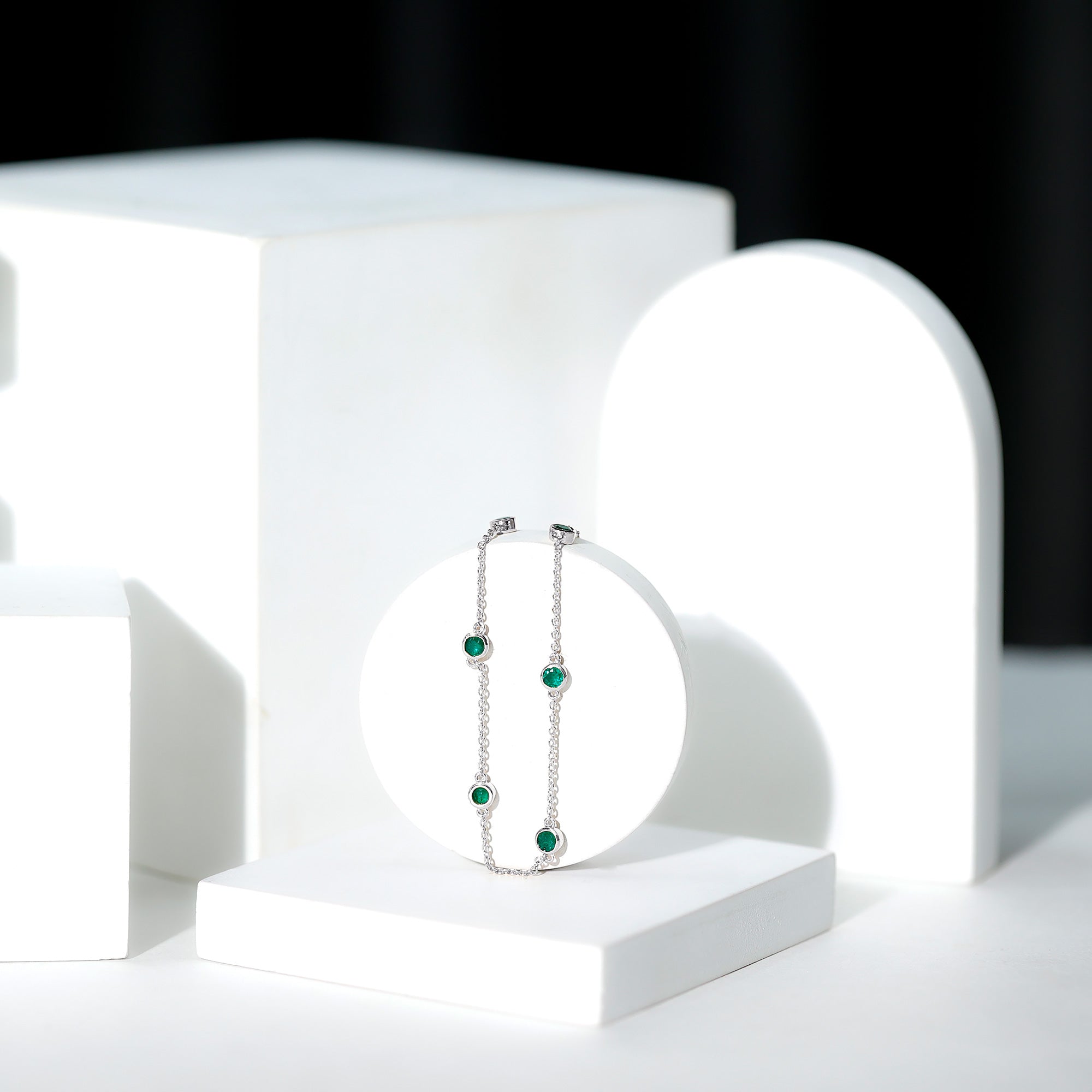 Emerald Station Bracelet – Bezel Set Green Gemstone Chain Jewelry with Lobster Clasp