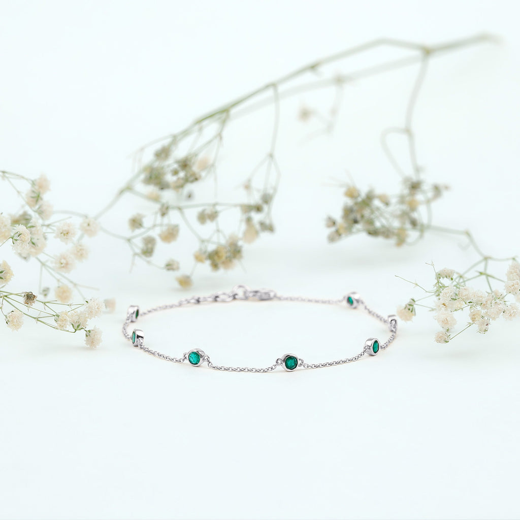 Emerald Station Bracelet – Bezel Set Green Gemstone Chain Jewelry with Lobster Clasp