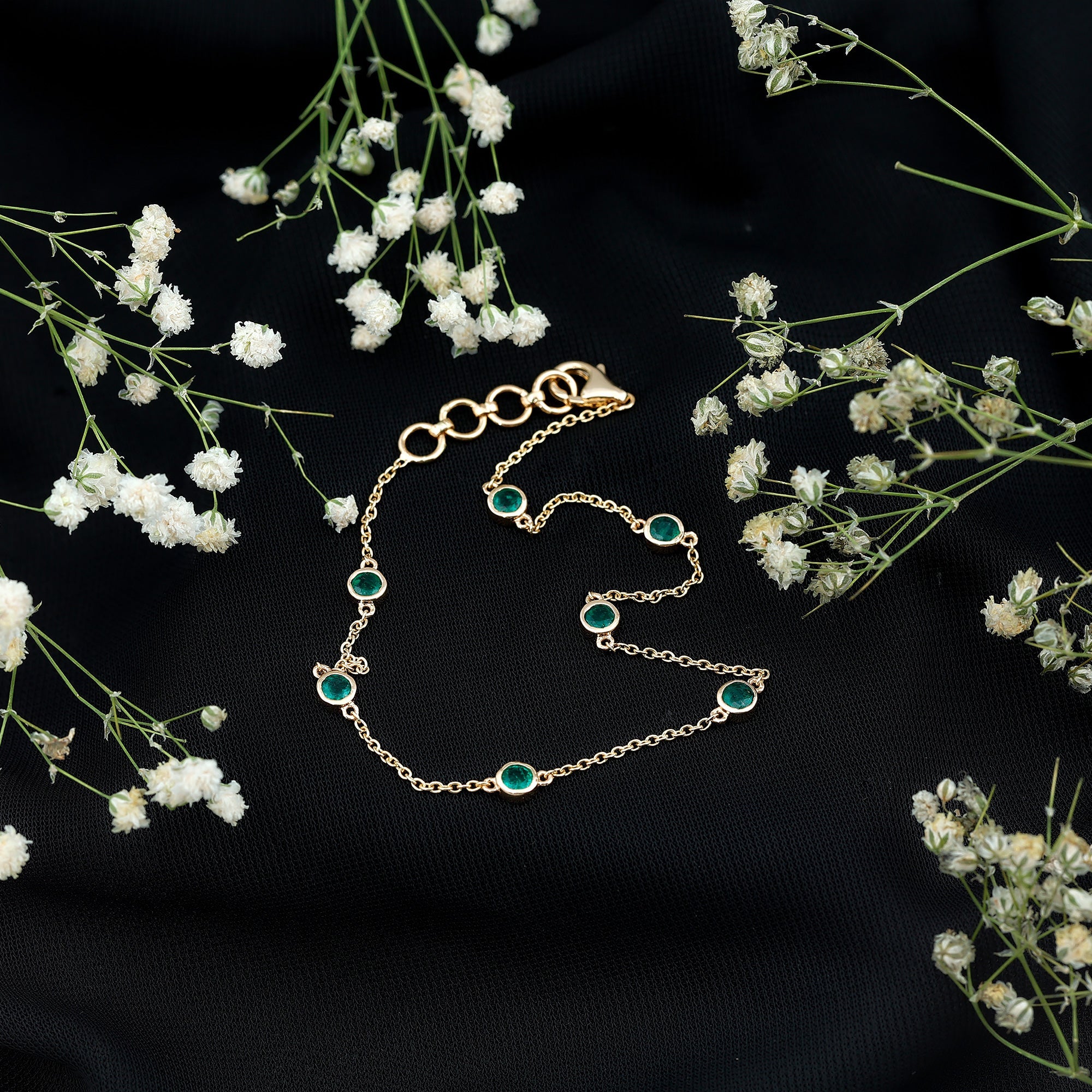 Emerald Station Bracelet – Bezel Set Green Gemstone Chain Jewelry with Lobster Clasp