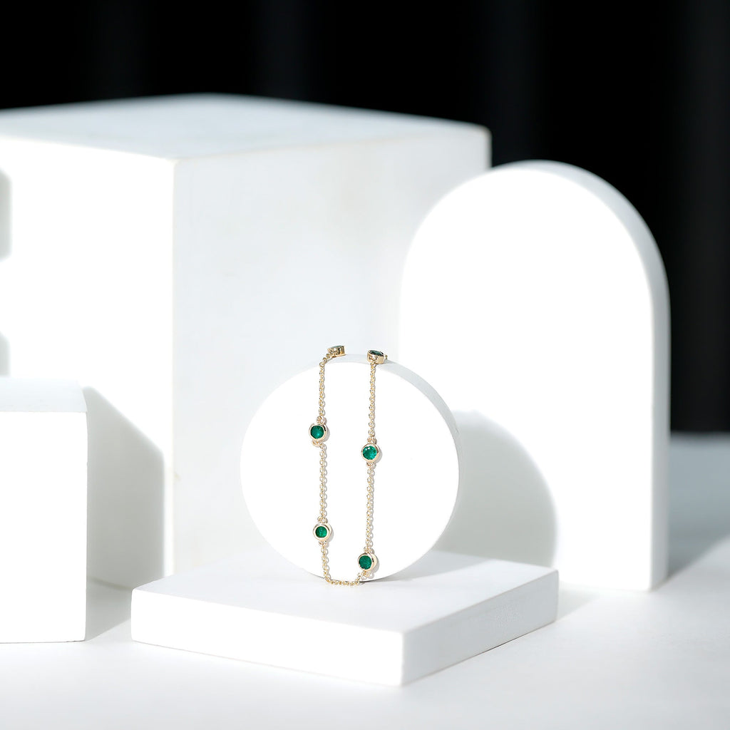 Emerald Station Bracelet – Bezel Set Green Gemstone Chain Jewelry with Lobster Clasp