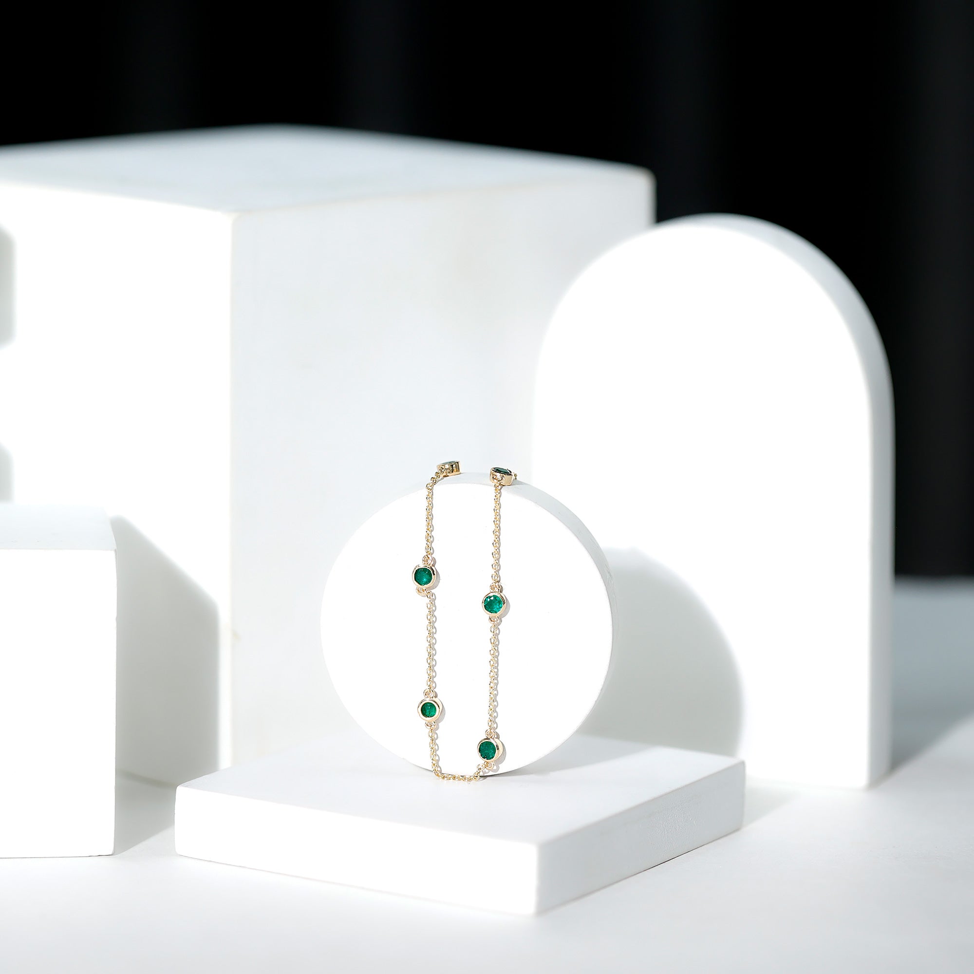Emerald Station Bracelet – Bezel Set Green Gemstone Chain Jewelry with Lobster Clasp