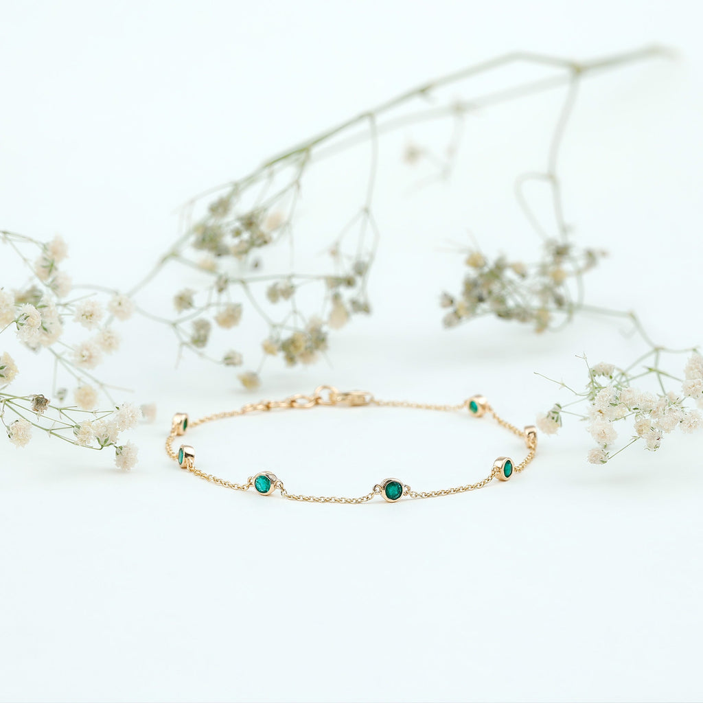 Emerald Station Bracelet – Bezel Set Green Gemstone Chain Jewelry with Lobster Clasp
