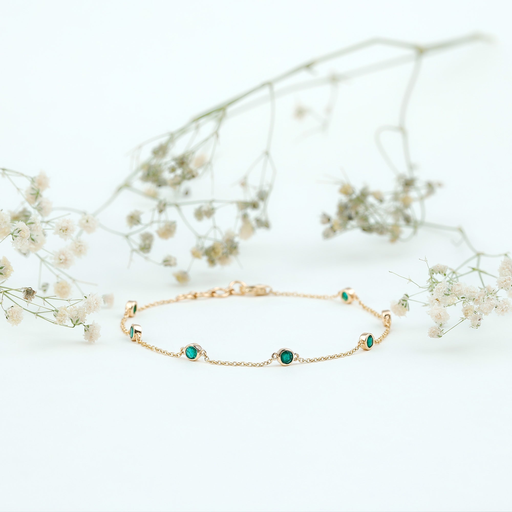 Emerald Station Bracelet – Bezel Set Green Gemstone Chain Jewelry with Lobster Clasp