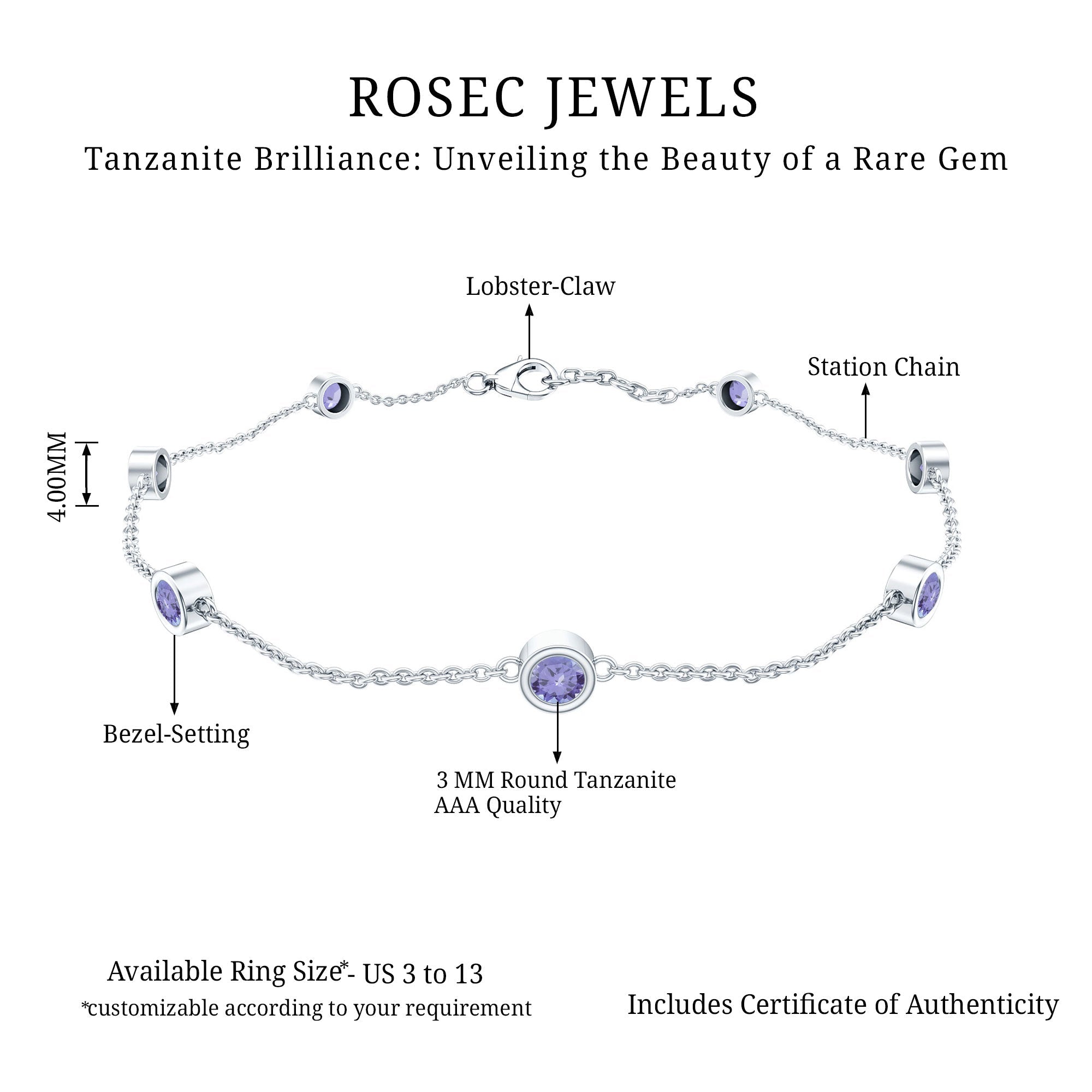 Natural Tanzanite Bracelet – Certified Blue Gemstone Chain with Bezel Setting Stones