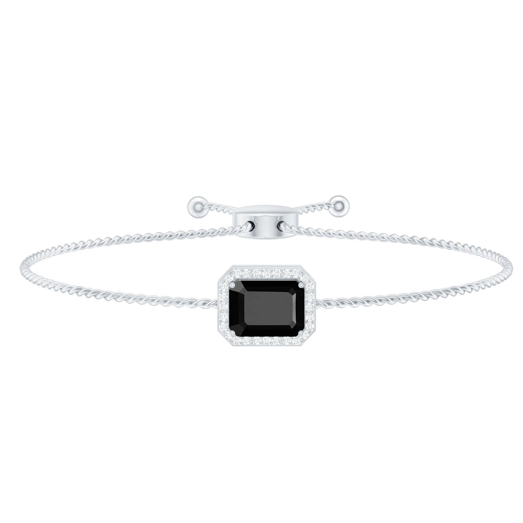 Black Onyx Bolo Bracelet – Emerald Cut Diamond Halo Adjustable Cord Jewelry