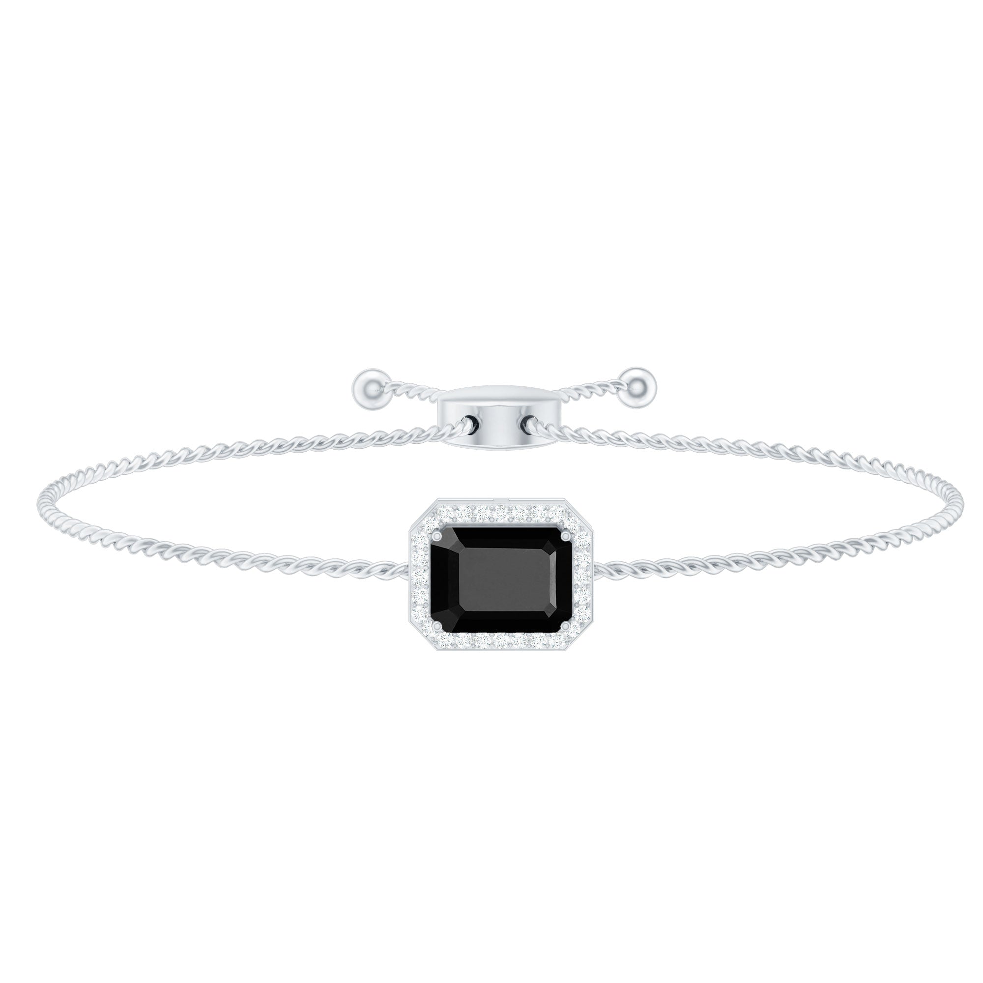 Black Onyx Bolo Bracelet – Emerald Cut Diamond Halo Adjustable Cord Jewelry