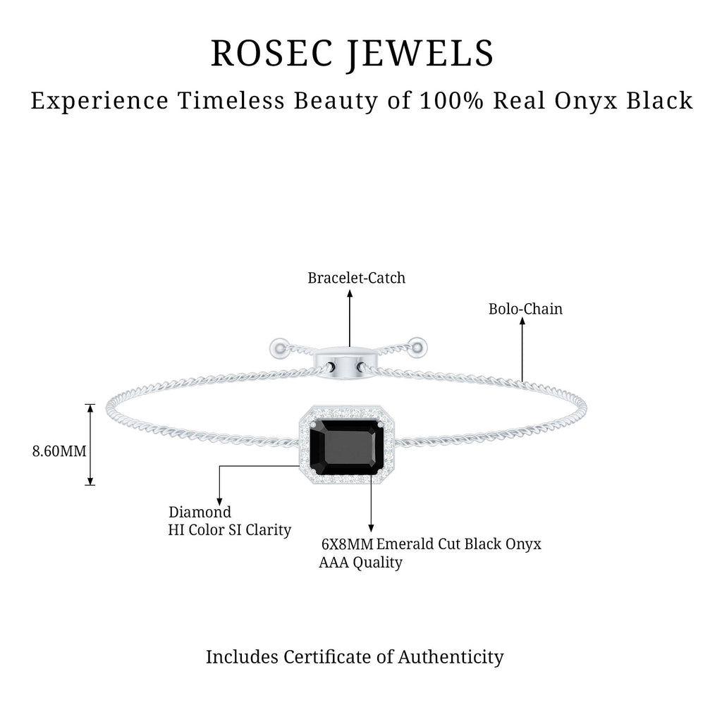 Black Onyx Bolo Bracelet – Emerald Cut Diamond Halo Adjustable Cord Jewelry