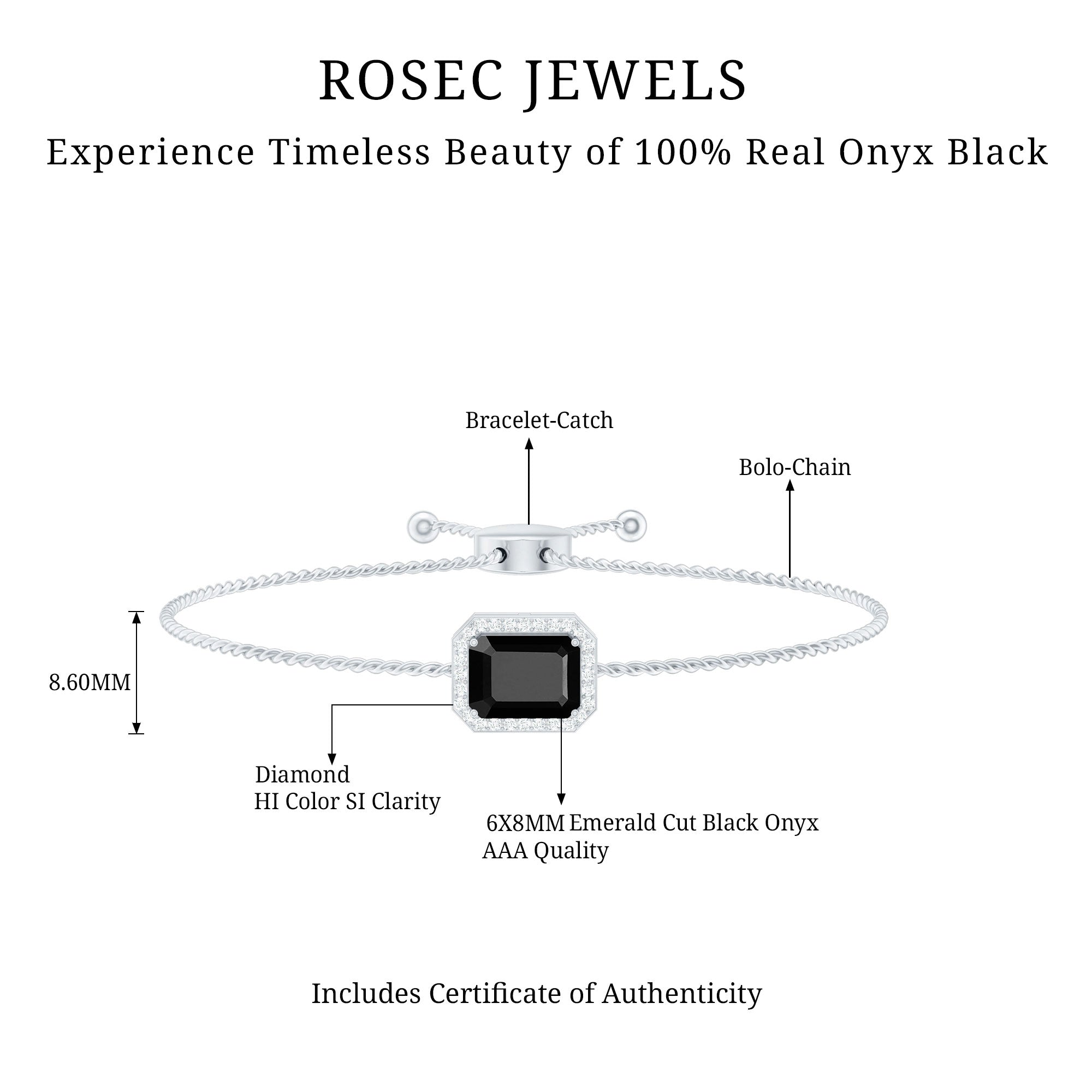 Black Onyx Bolo Bracelet – Emerald Cut Diamond Halo Adjustable Cord Jewelry
