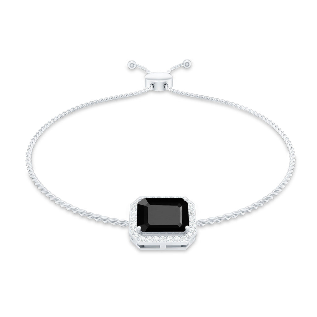 Black Onyx Bolo Bracelet – Emerald Cut Diamond Halo Adjustable Cord Jewelry