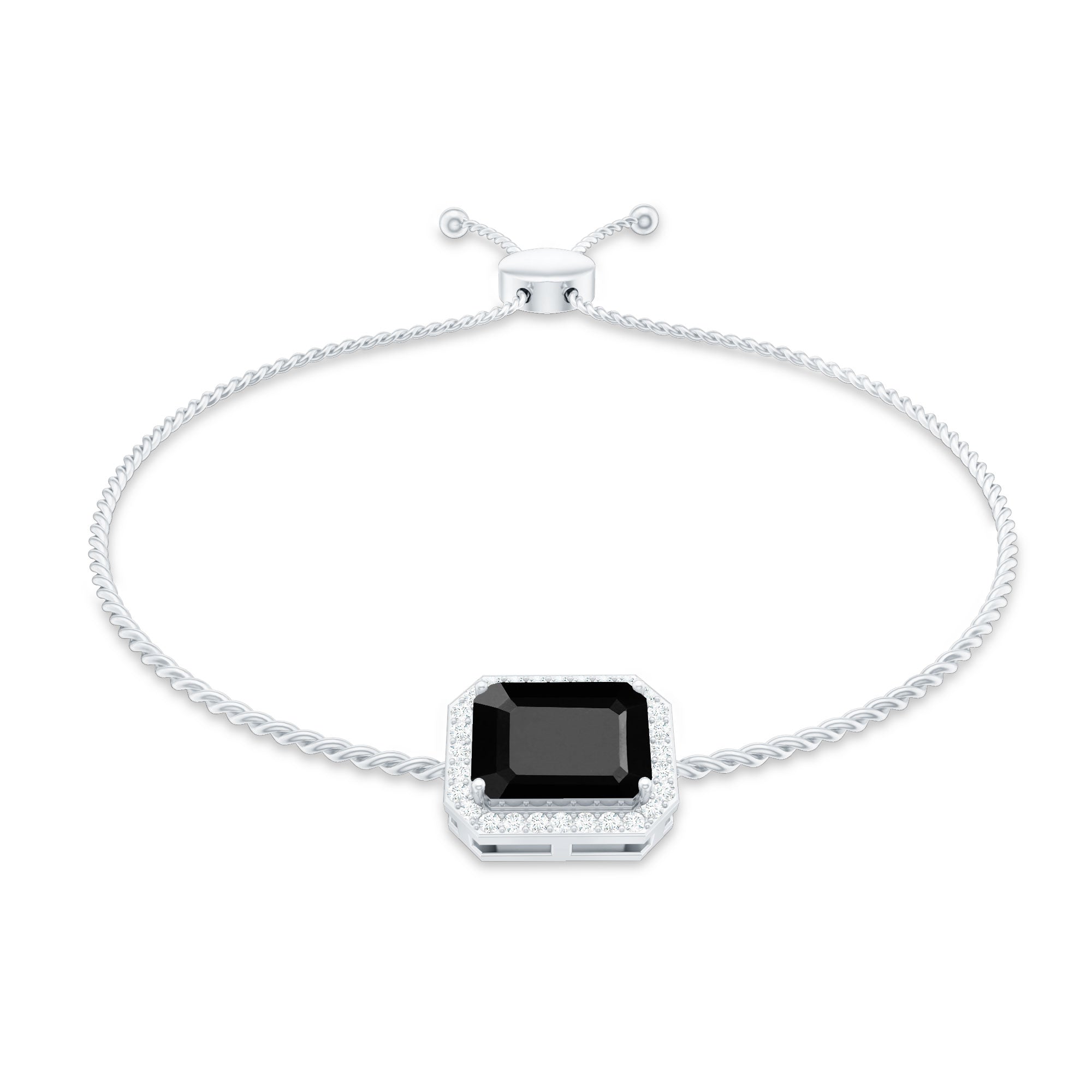 Black Onyx Bolo Bracelet – Emerald Cut Diamond Halo Adjustable Cord Jewelry
